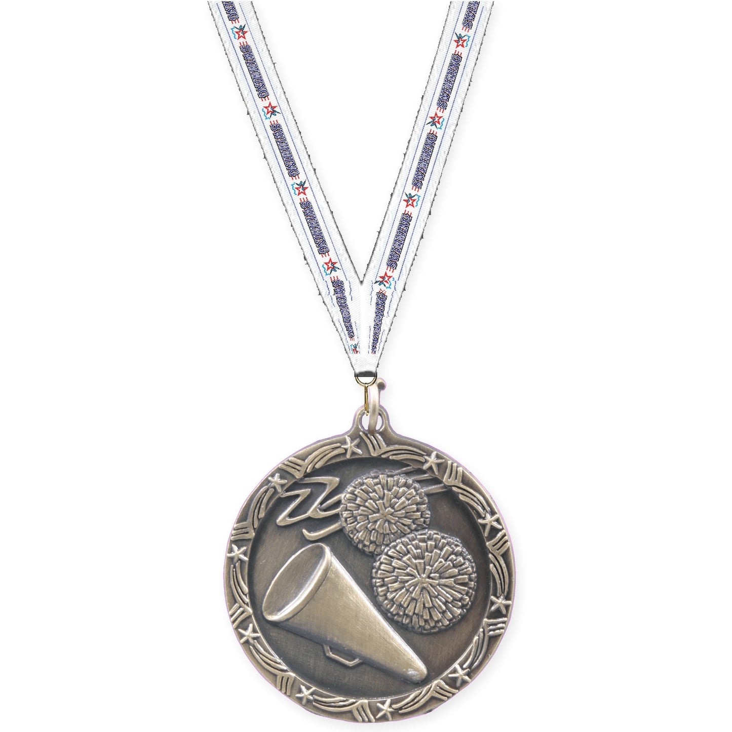 1 3/4 inch cheerleading Shooting Star medal in antique gold with Swimming neck ribbon