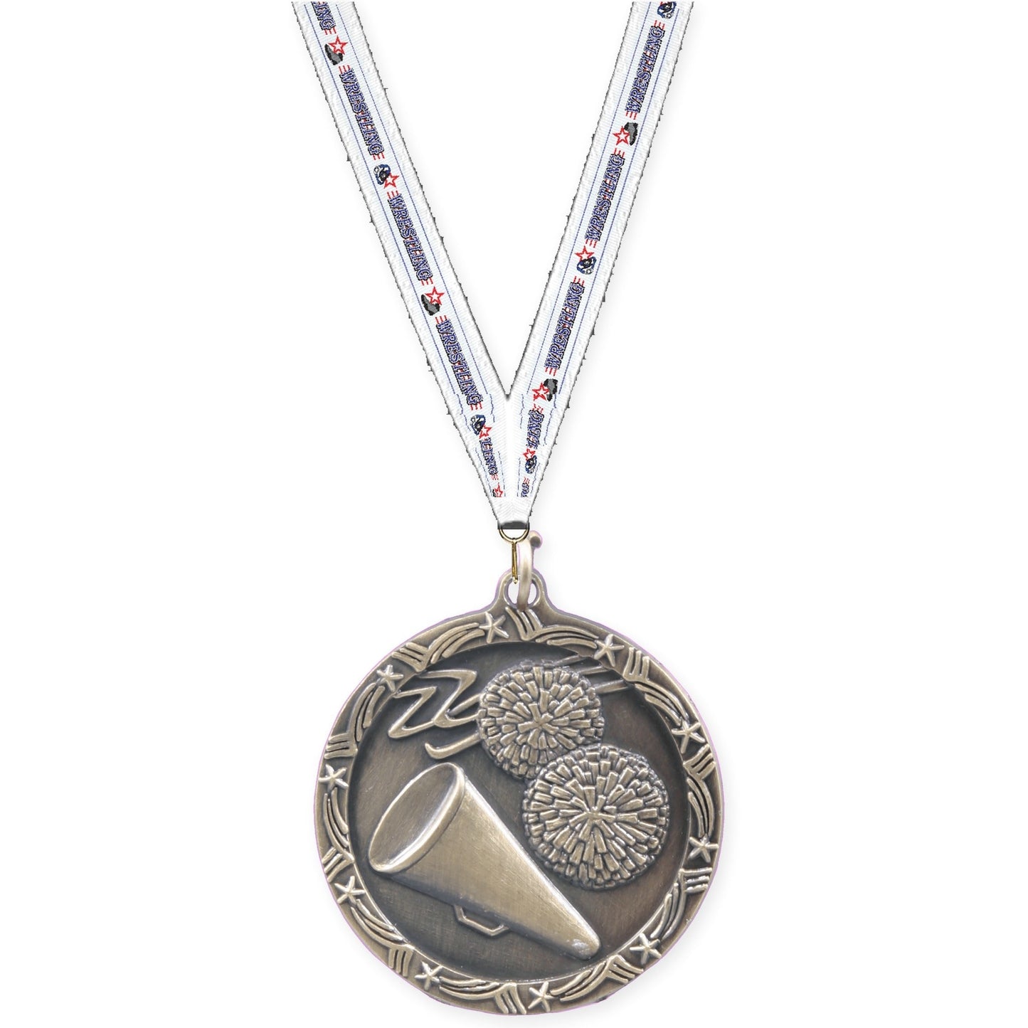 1 3/4 inch cheerleading Shooting Star medal in antique gold with Wrestling neck ribbon