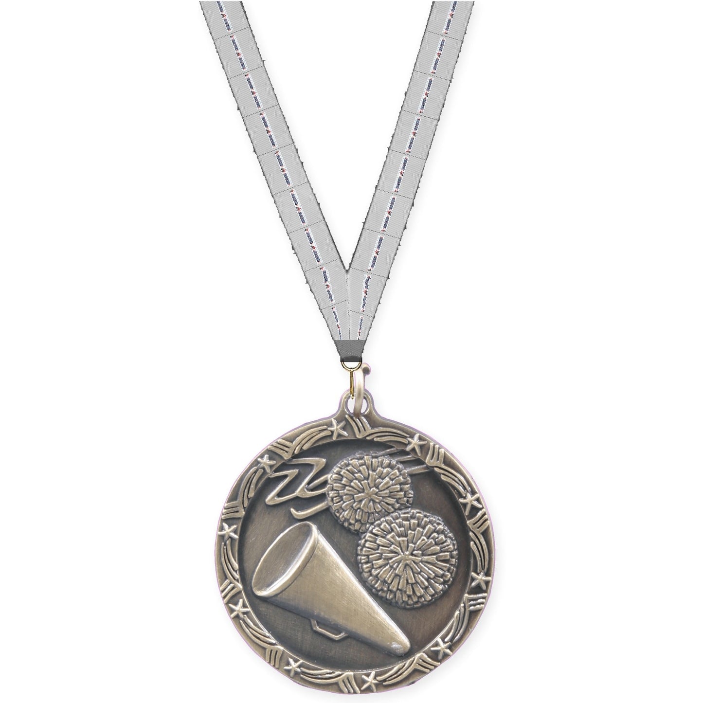 1 3/4 inch cheerleading Shooting Star medal in antique gold with Auto Racing neck ribbon