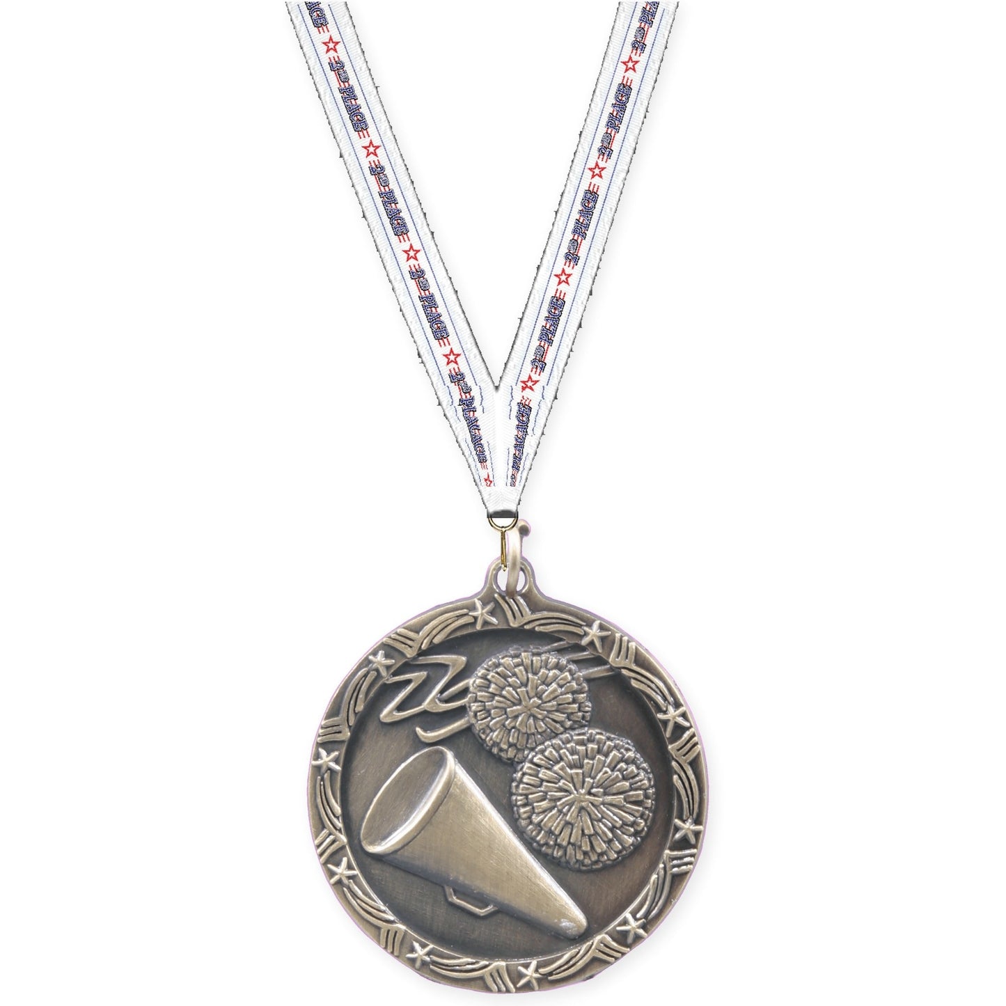 1 3/4 inch cheerleading Shooting Star medal in antique gold with 2nd Place neck ribbon
