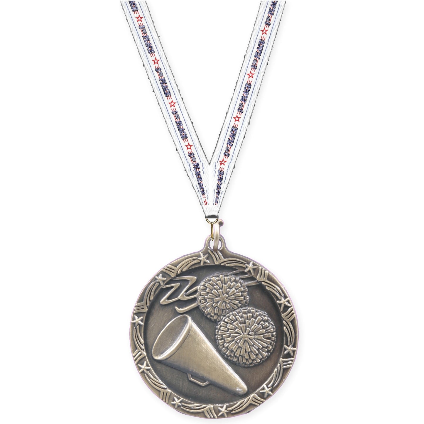 1 3/4 inch cheerleading Shooting Star medal in antique gold with 3rd Place neck ribbon
