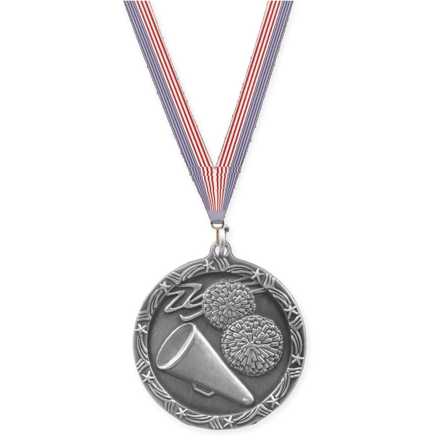 1 3/4 inch cheerleading Shooting Star medal in antique silver with USA Flag neck ribbon