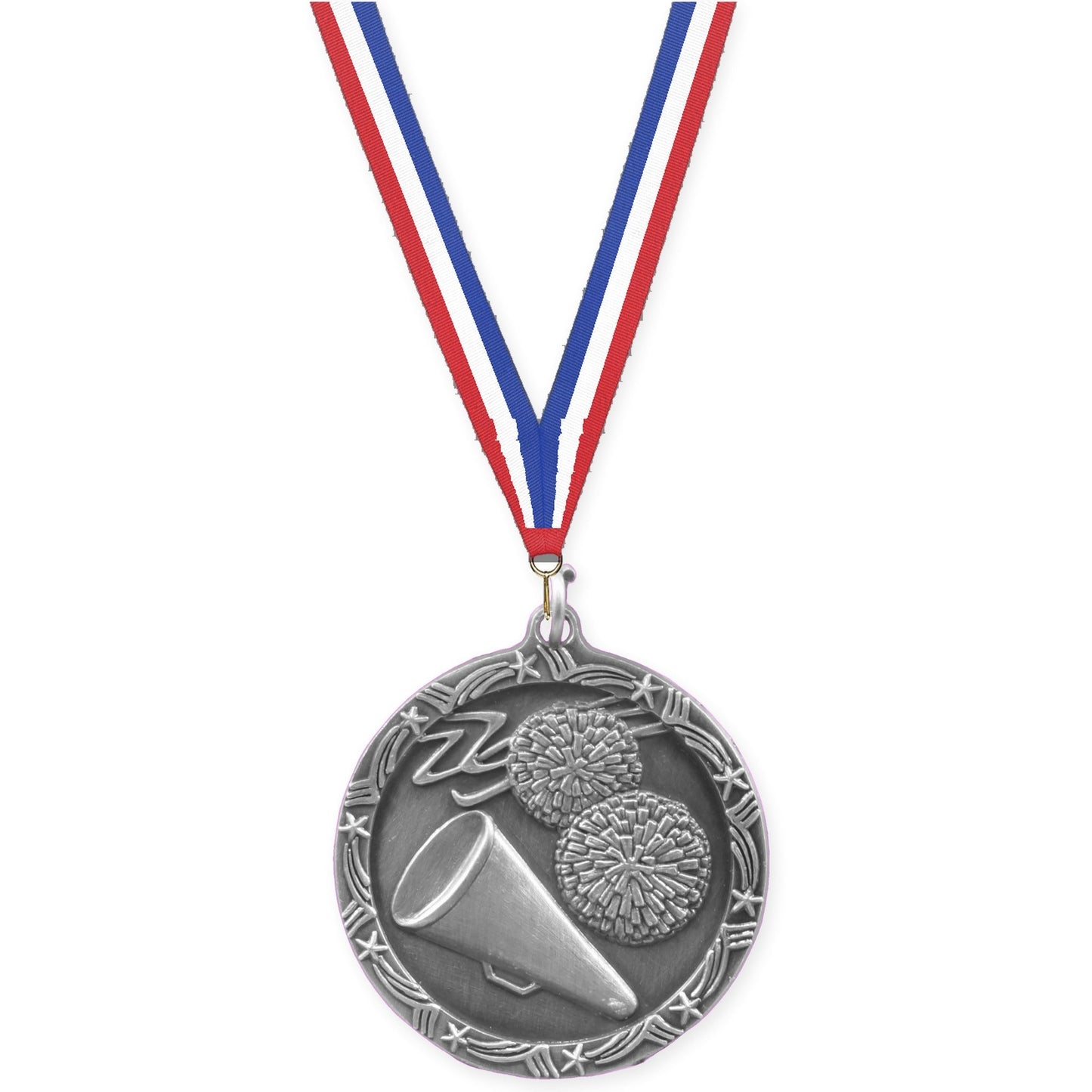 1 3/4 inch cheerleading Shooting Star medal in antique silver with Red White Blue neck ribbon