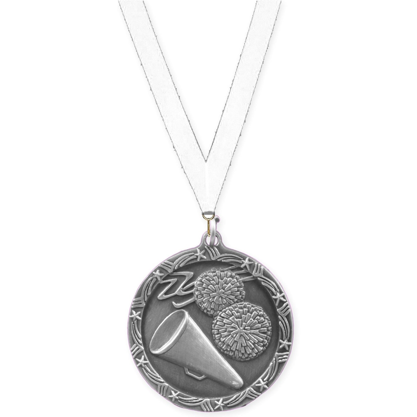 1 3/4 inch cheerleading Shooting Star medal in antique silver with White neck ribbon