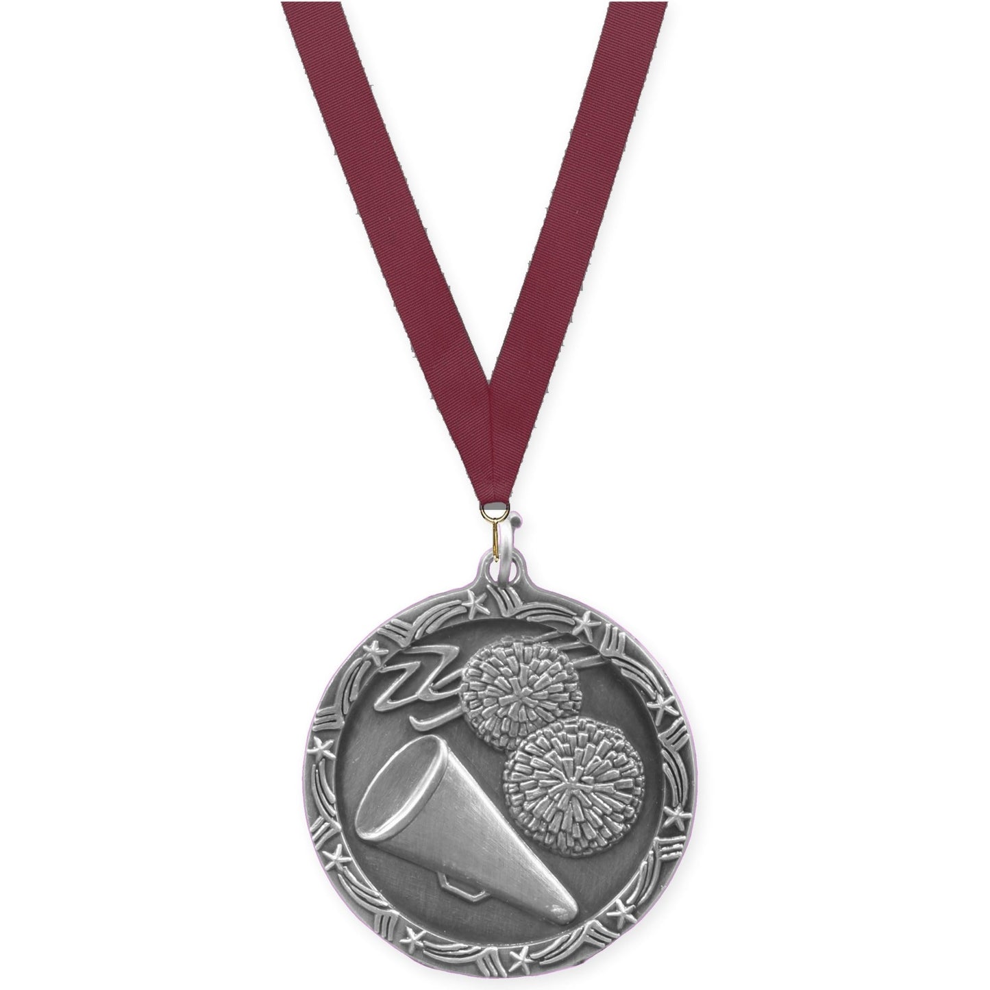 1 3/4 inch cheerleading Shooting Star medal in antique silver with Maroon neck ribbon