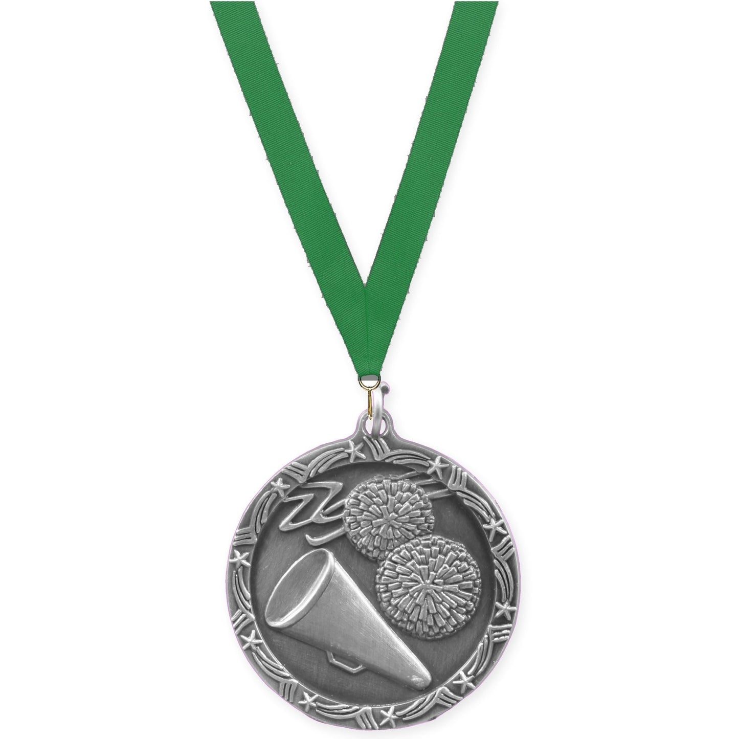 1 3/4 inch cheerleading Shooting Star medal in antique silver with Green neck ribbon