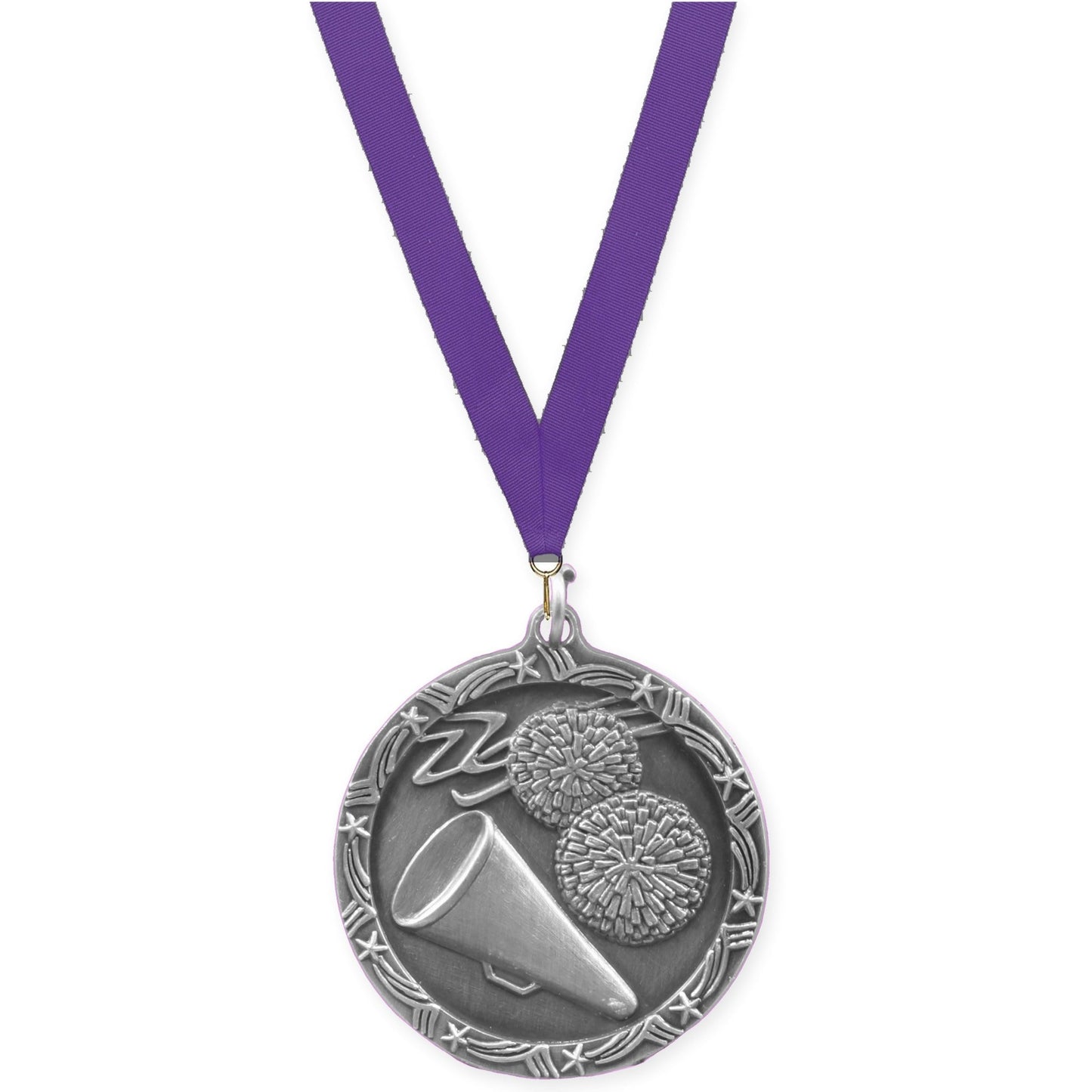 1 3/4 inch cheerleading Shooting Star medal in antique silver with Purple neck ribbon