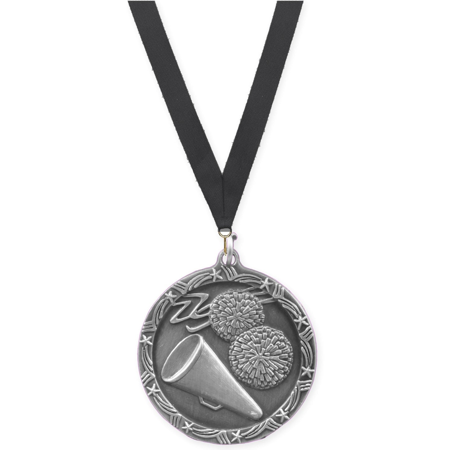 1 3/4 inch cheerleading Shooting Star medal in antique silver with Black neck ribbon