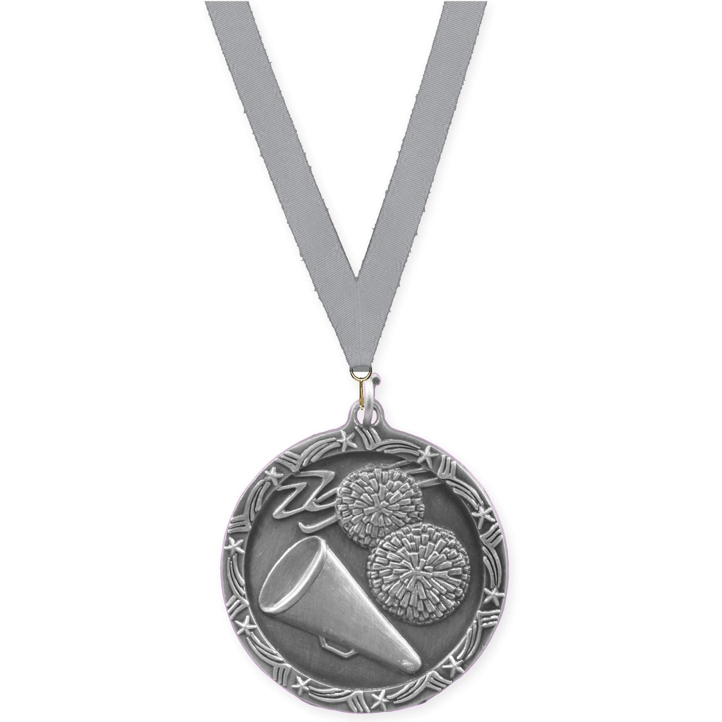 1 3/4 inch cheerleading Shooting Star medal in antique silver with Gray neck ribbon