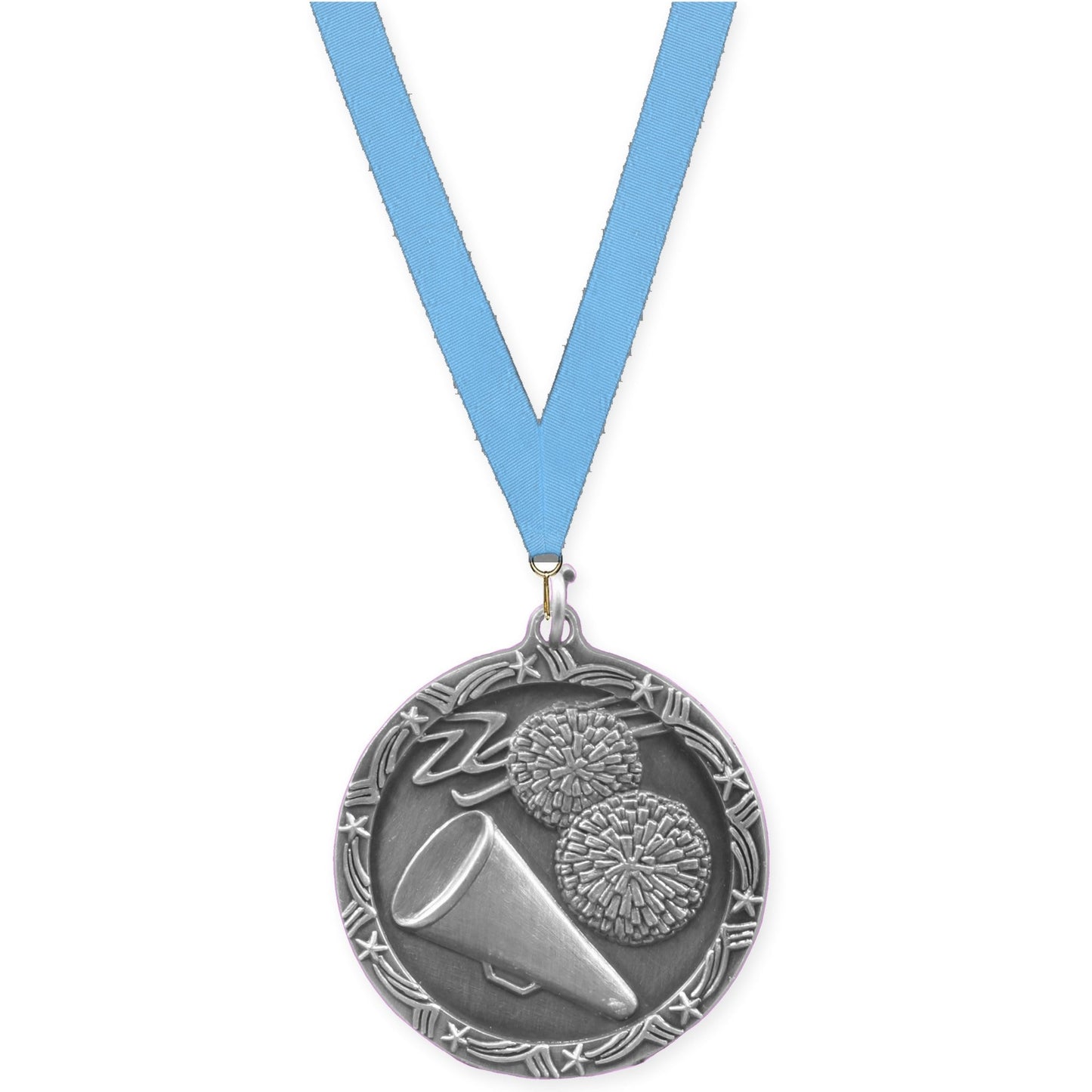 1 3/4 inch cheerleading Shooting Star medal in antique silver with Light Blue neck ribbon