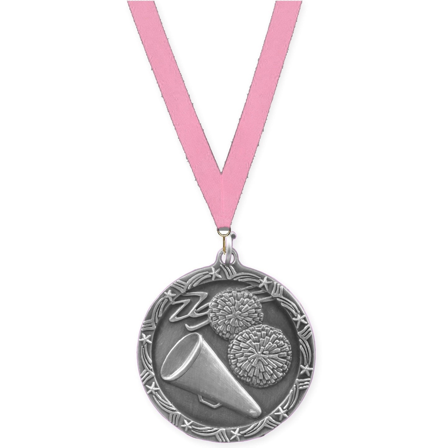 1 3/4 inch cheerleading Shooting Star medal in antique silver with Pink neck ribbon