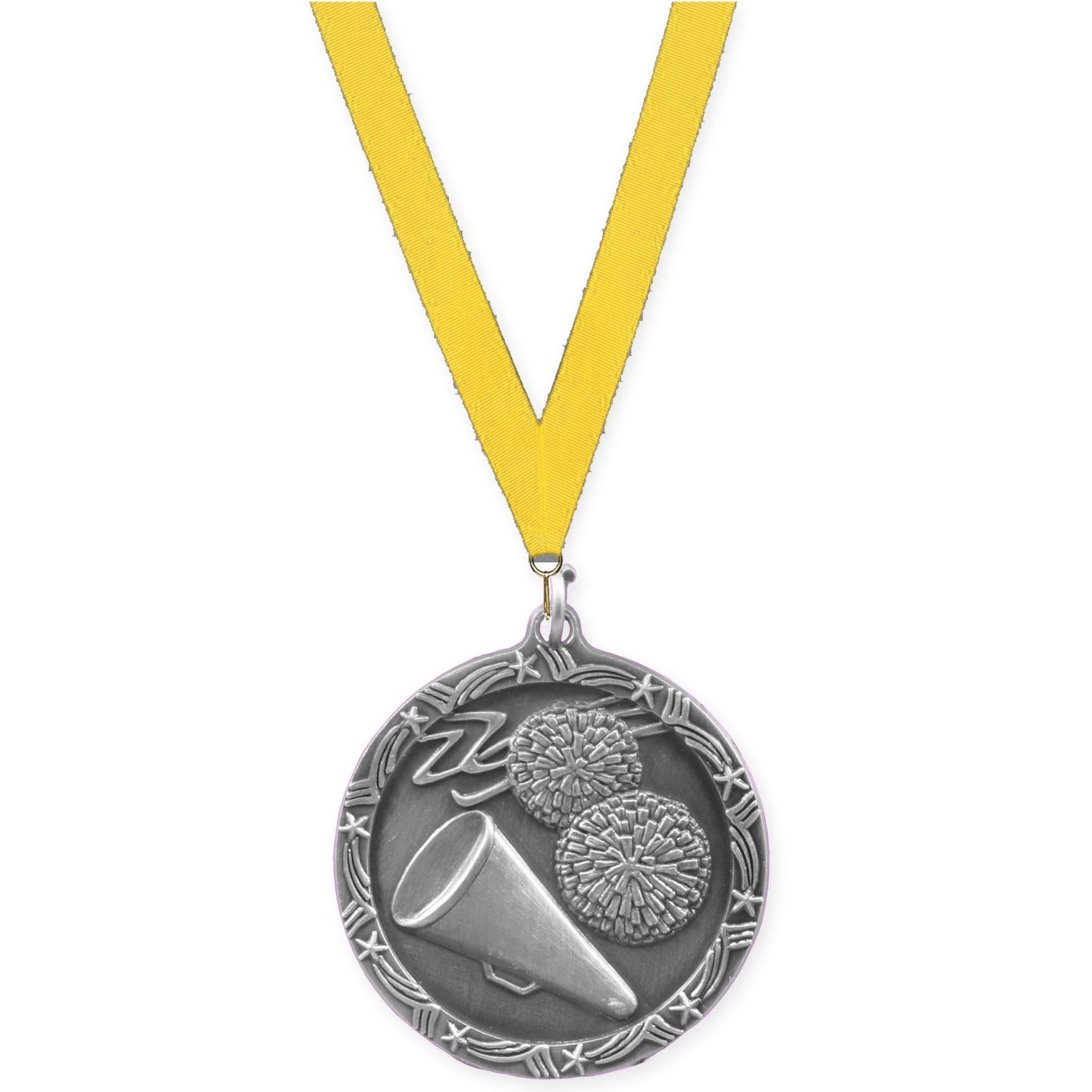 1 3/4 inch cheerleading Shooting Star medal in antique silver with Yellow neck ribbon