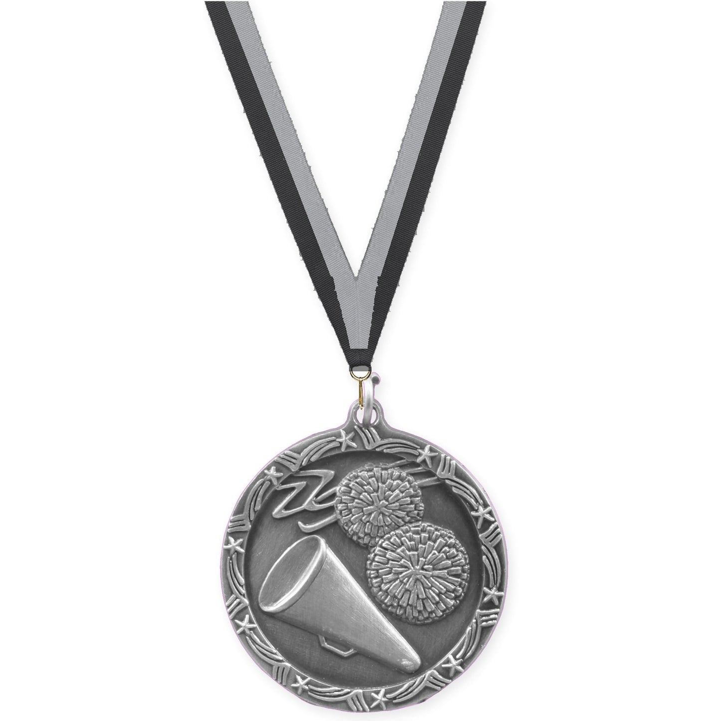 1 3/4 inch cheerleading Shooting Star medal in antique silver with Black Gray neck ribbon