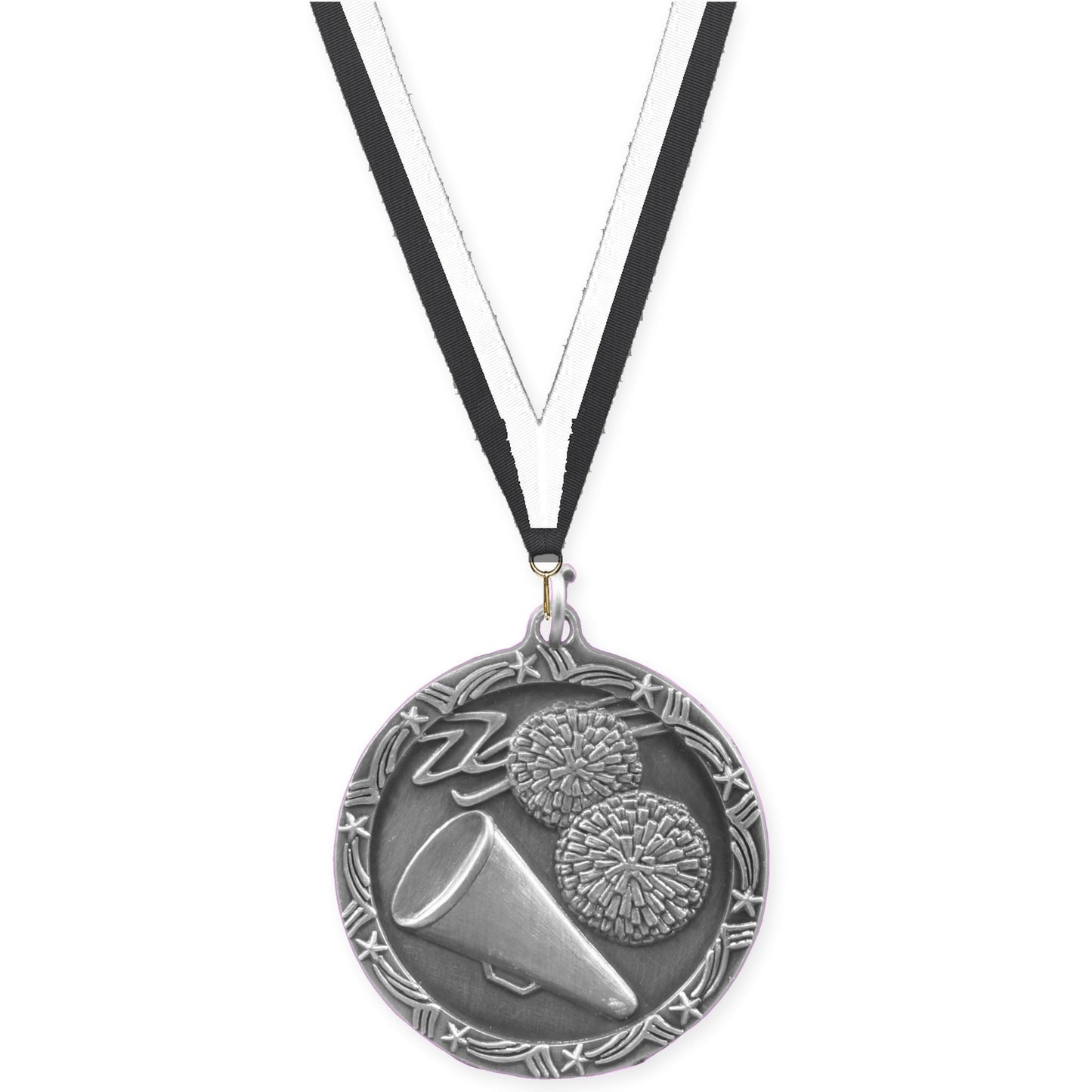 1 3/4 inch cheerleading Shooting Star medal in antique silver with Black White neck ribbon