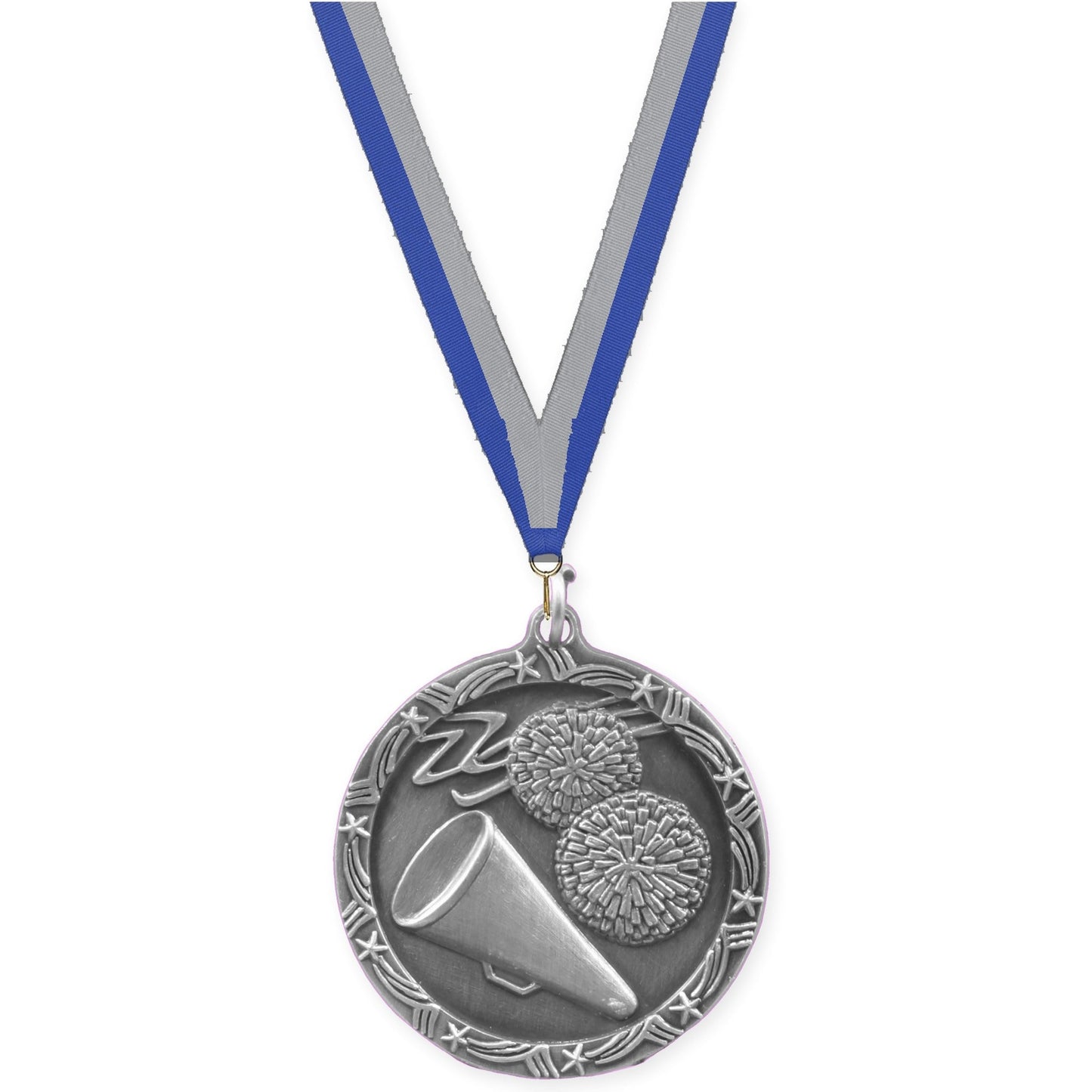 1 3/4 inch cheerleading Shooting Star medal in antique silver with Blue Gray neck ribbon