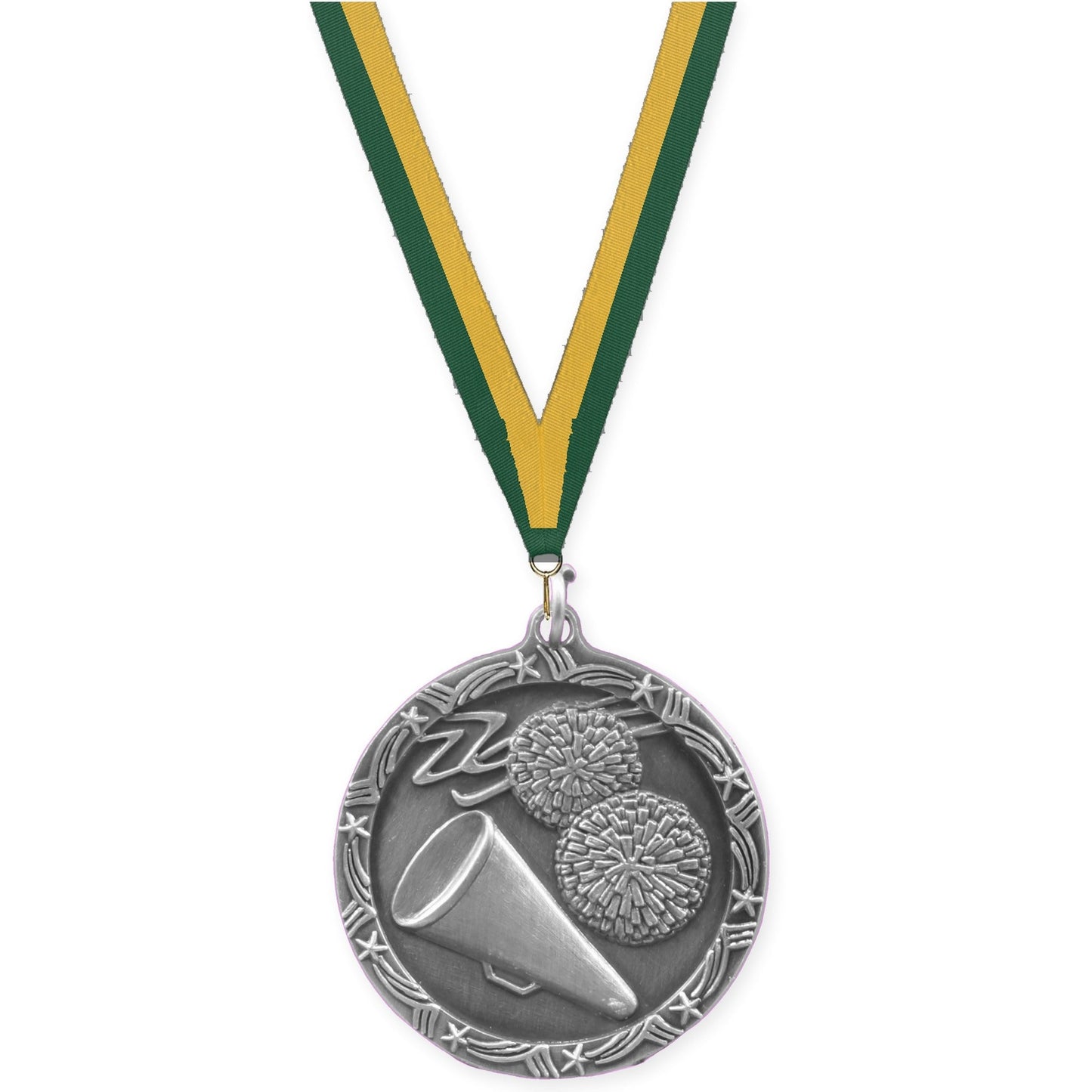 1 3/4 inch cheerleading Shooting Star medal in antique silver with Hunter Green Gold neck ribbon