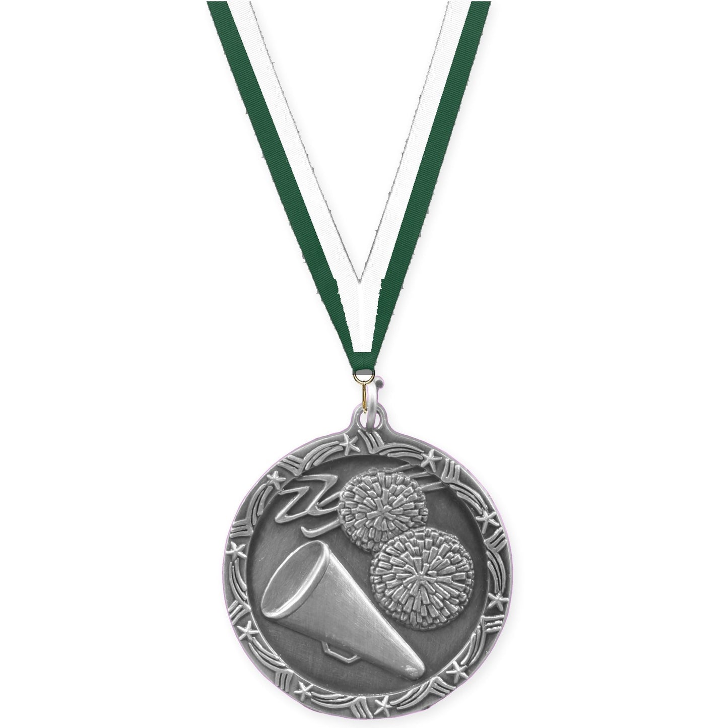 1 3/4 inch cheerleading Shooting Star medal in antique silver with Hunter Green White neck ribbon