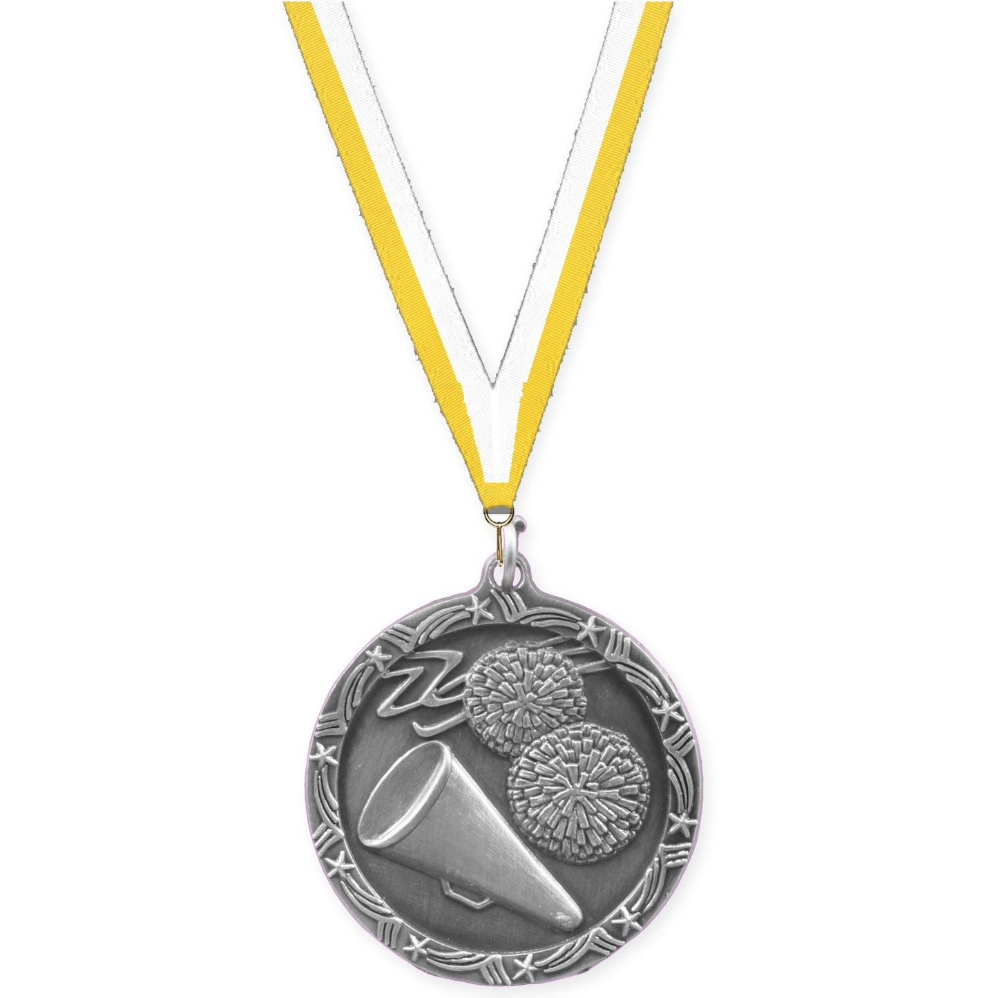 1 3/4 inch cheerleading Shooting Star medal in antique silver with Yellow White neck ribbon