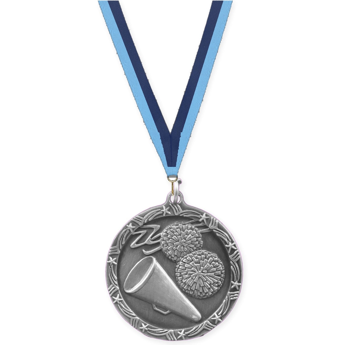 1 3/4 inch cheerleading Shooting Star medal in antique silver with Light Blue Navy neck ribbon