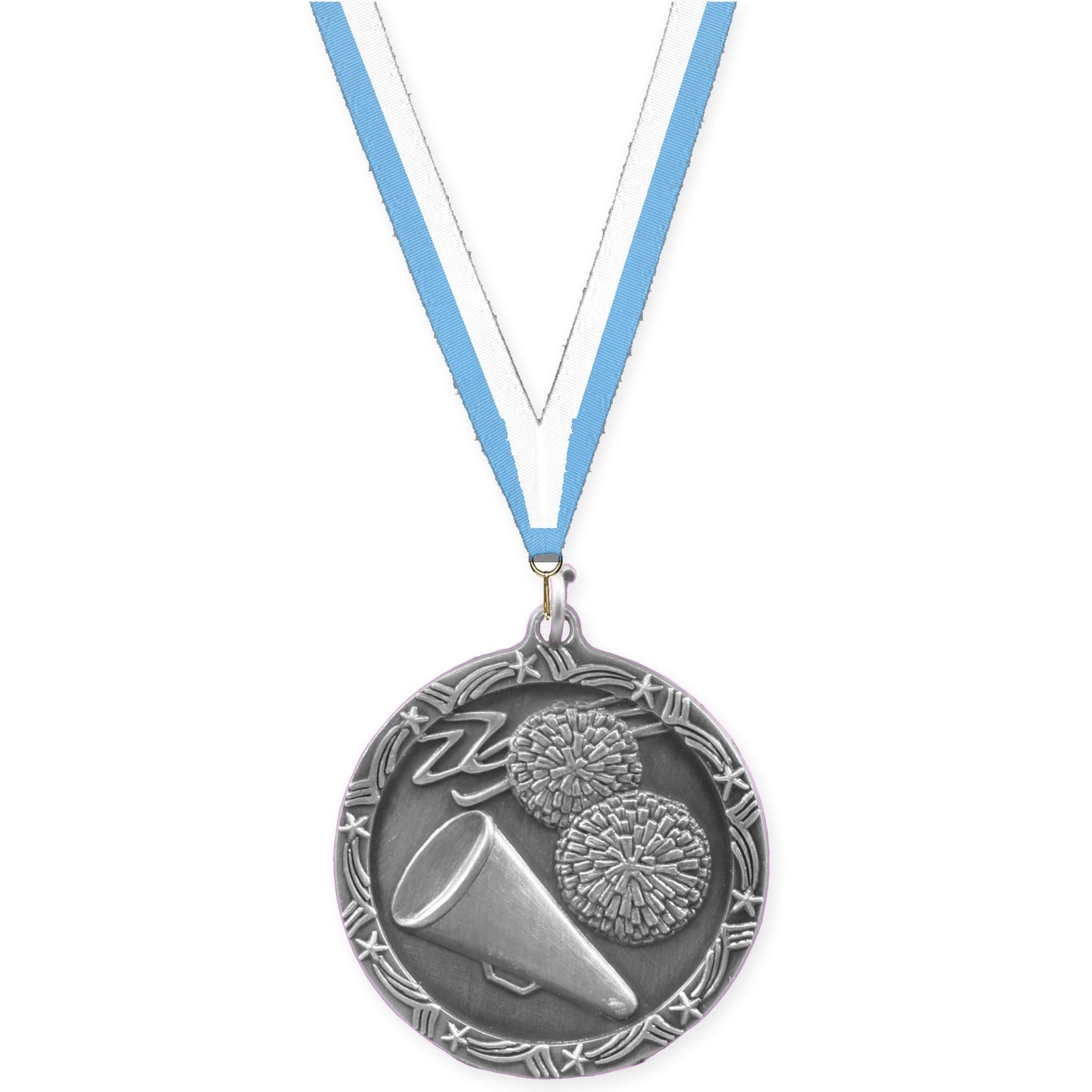 1 3/4 inch cheerleading Shooting Star medal in antique silver with Light Blue White neck ribbon