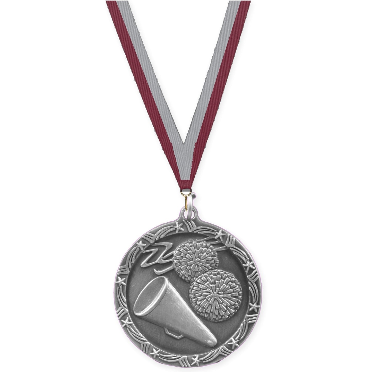 1 3/4 inch cheerleading Shooting Star medal in antique silver with Maroon Gray neck ribbon