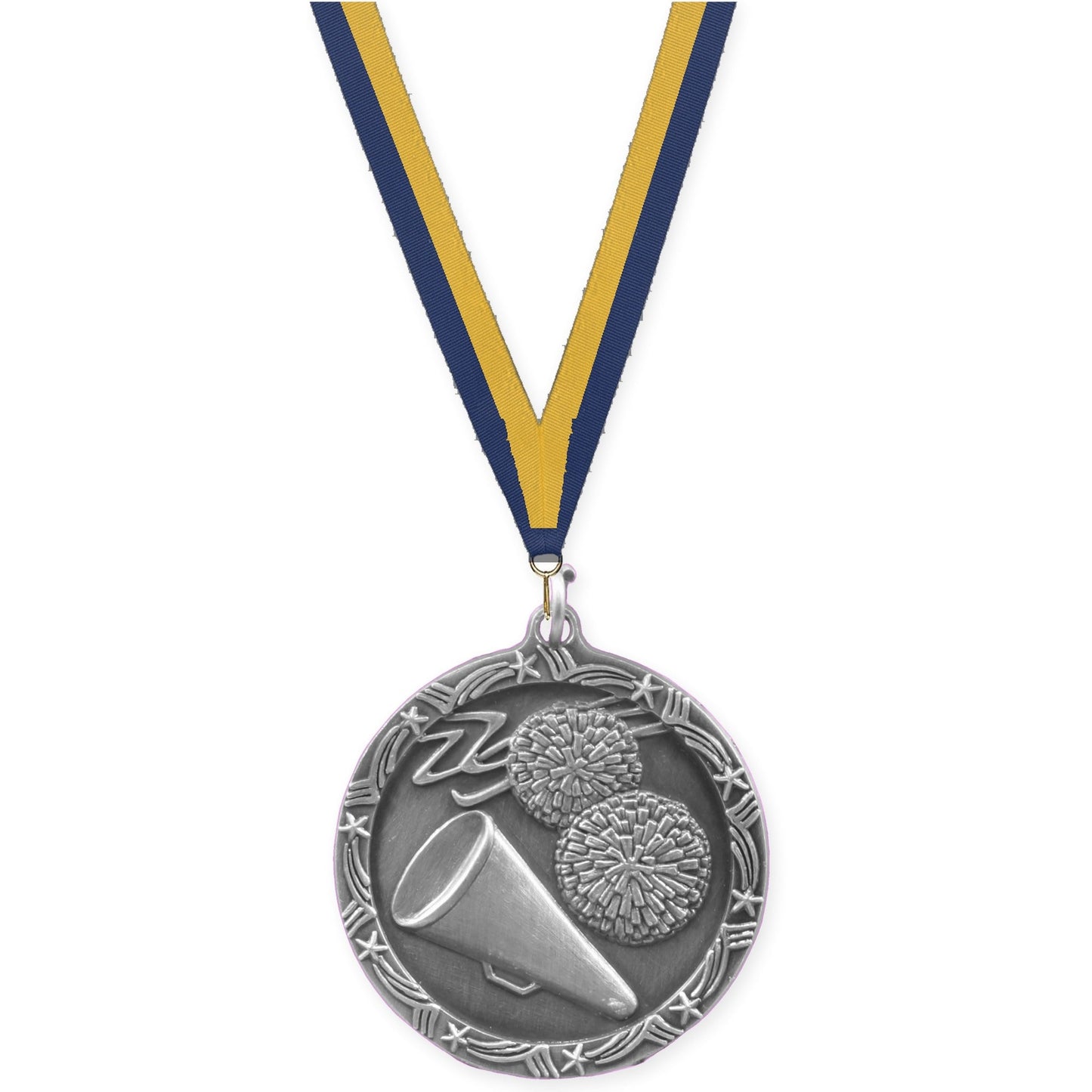 1 3/4 inch cheerleading Shooting Star medal in antique silver with Navy Gold neck ribbon