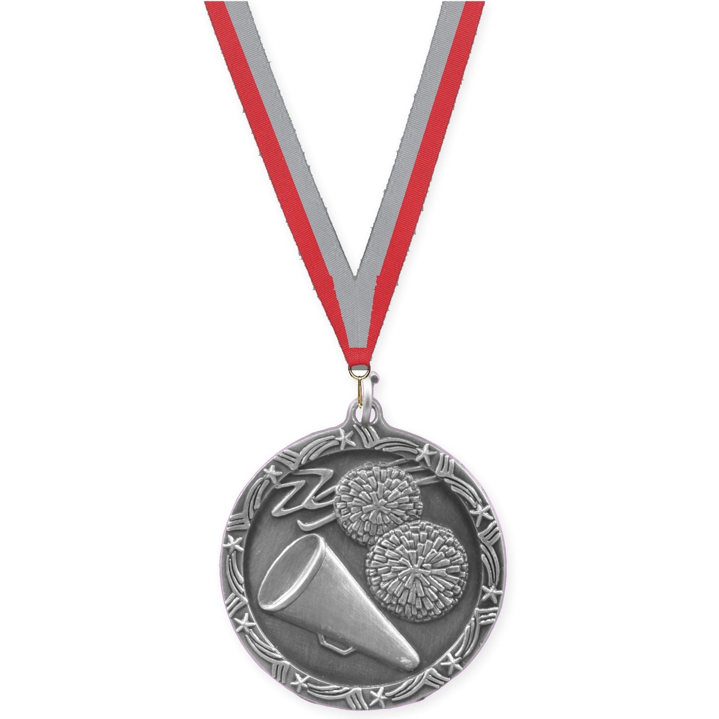 1 3/4 inch cheerleading Shooting Star medal in antique silver with Red Gray neck ribbon