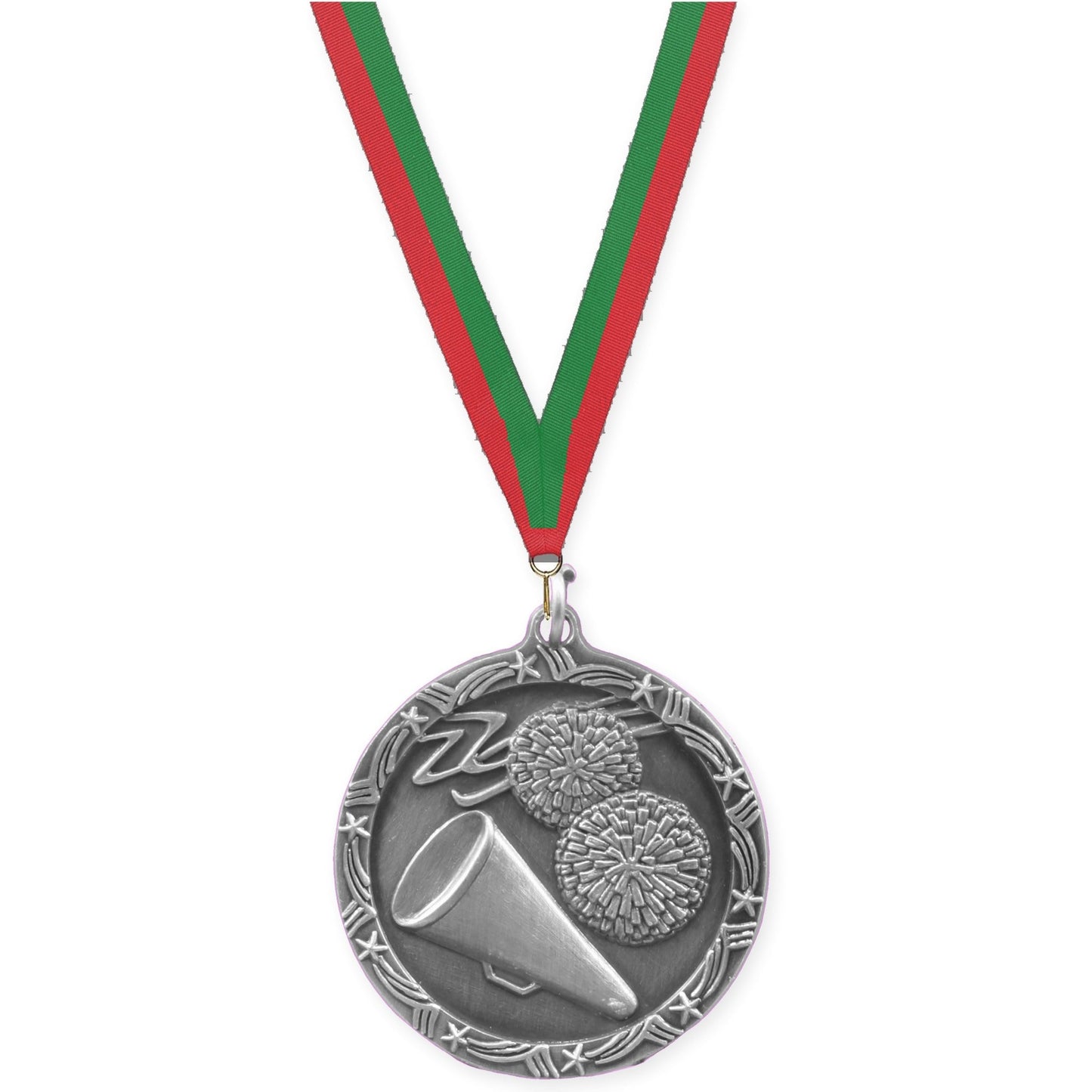 1 3/4 inch cheerleading Shooting Star medal in antique silver with Red Green neck ribbon