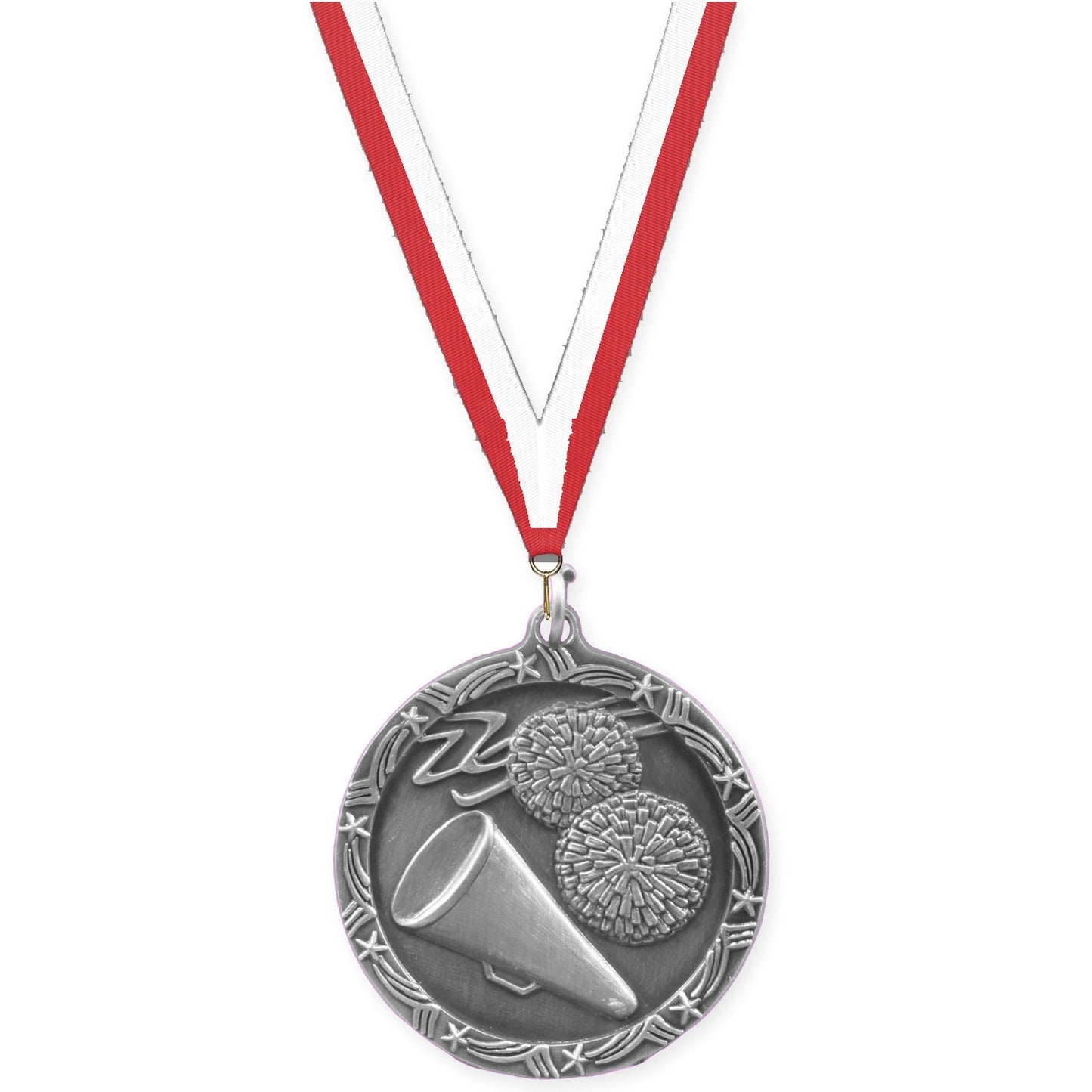 1 3/4 inch cheerleading Shooting Star medal in antique silver with Red White neck ribbon