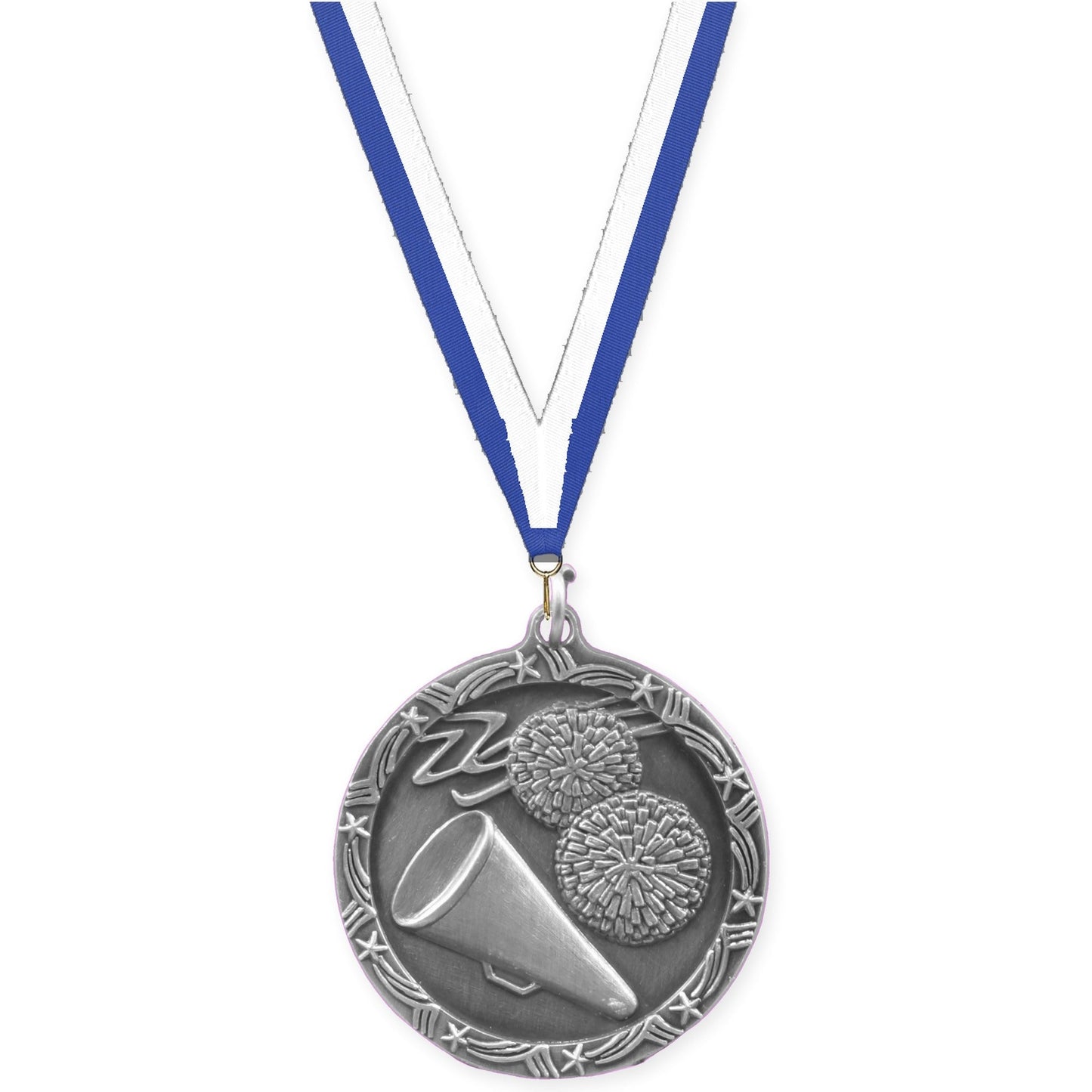 1 3/4 inch cheerleading Shooting Star medal in antique silver with Blue White neck ribbon