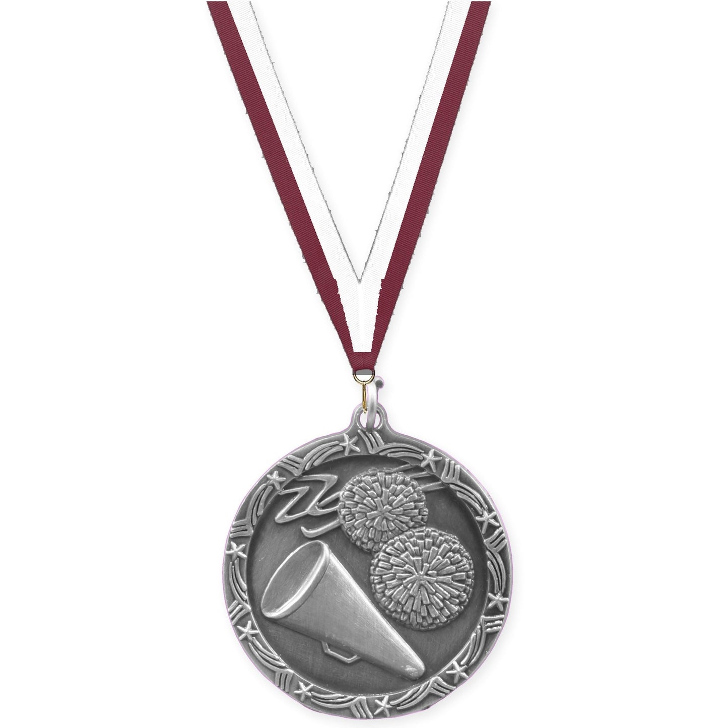 1 3/4 inch cheerleading Shooting Star medal in antique silver with Maroon White neck ribbon