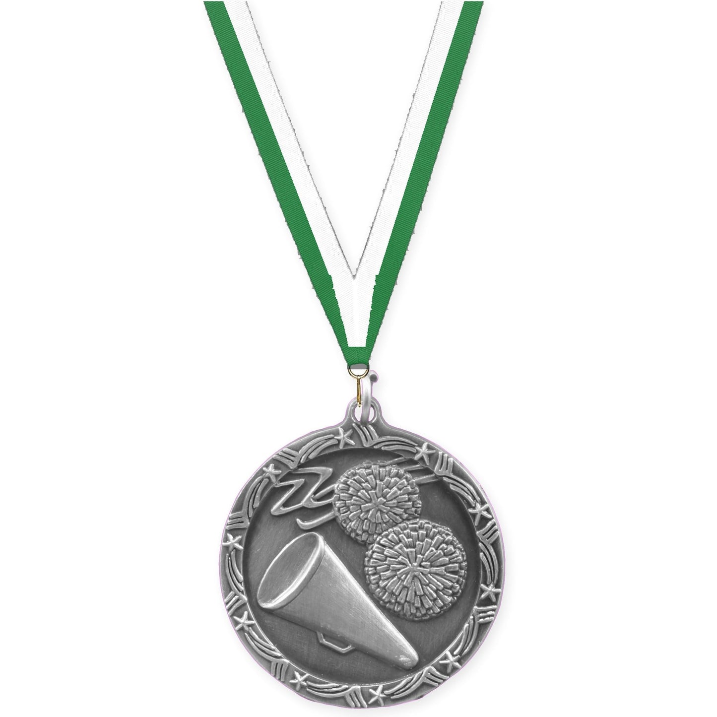 1 3/4 inch cheerleading Shooting Star medal in antique silver with Green White neck ribbon