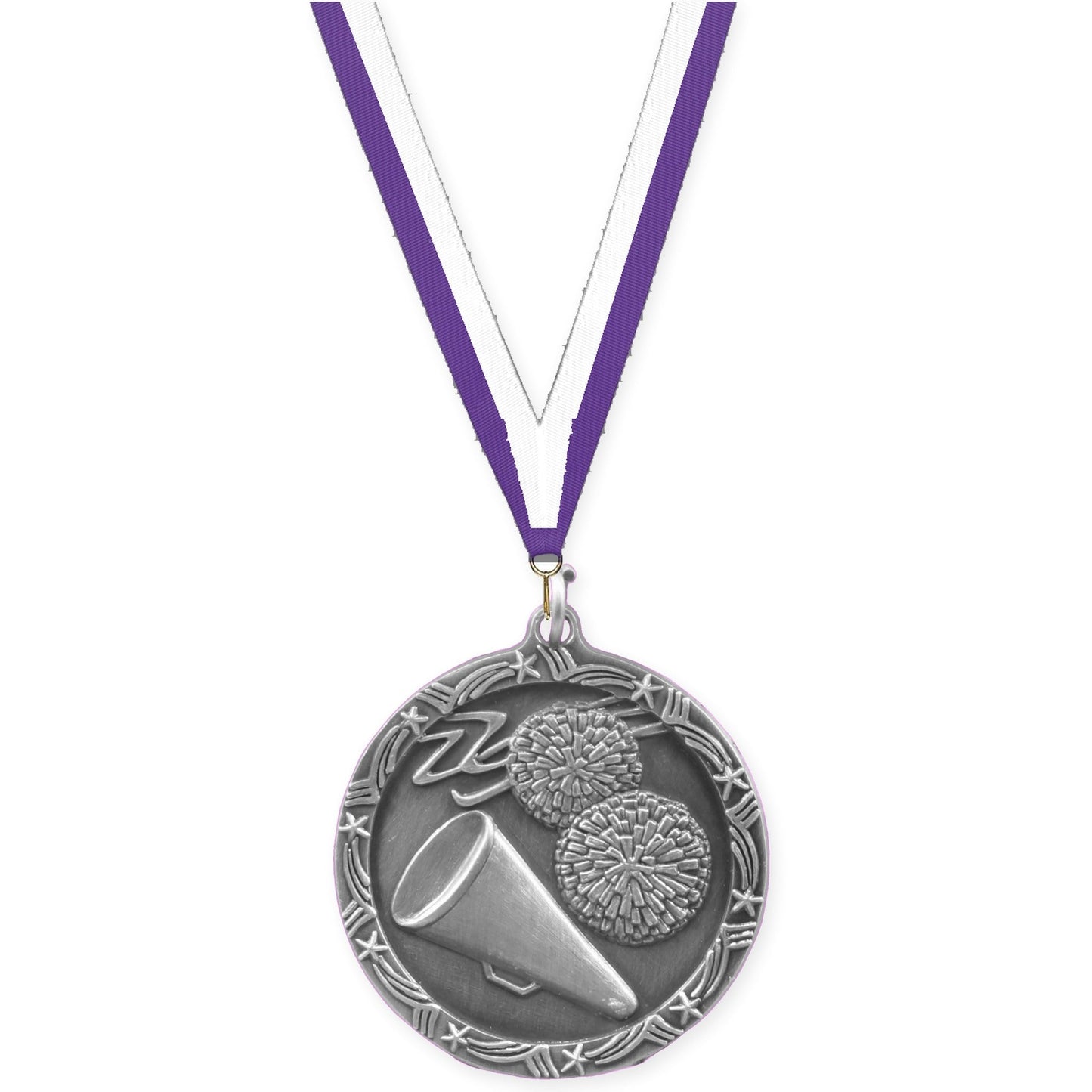 1 3/4 inch cheerleading Shooting Star medal in antique silver with Purple White neck ribbon