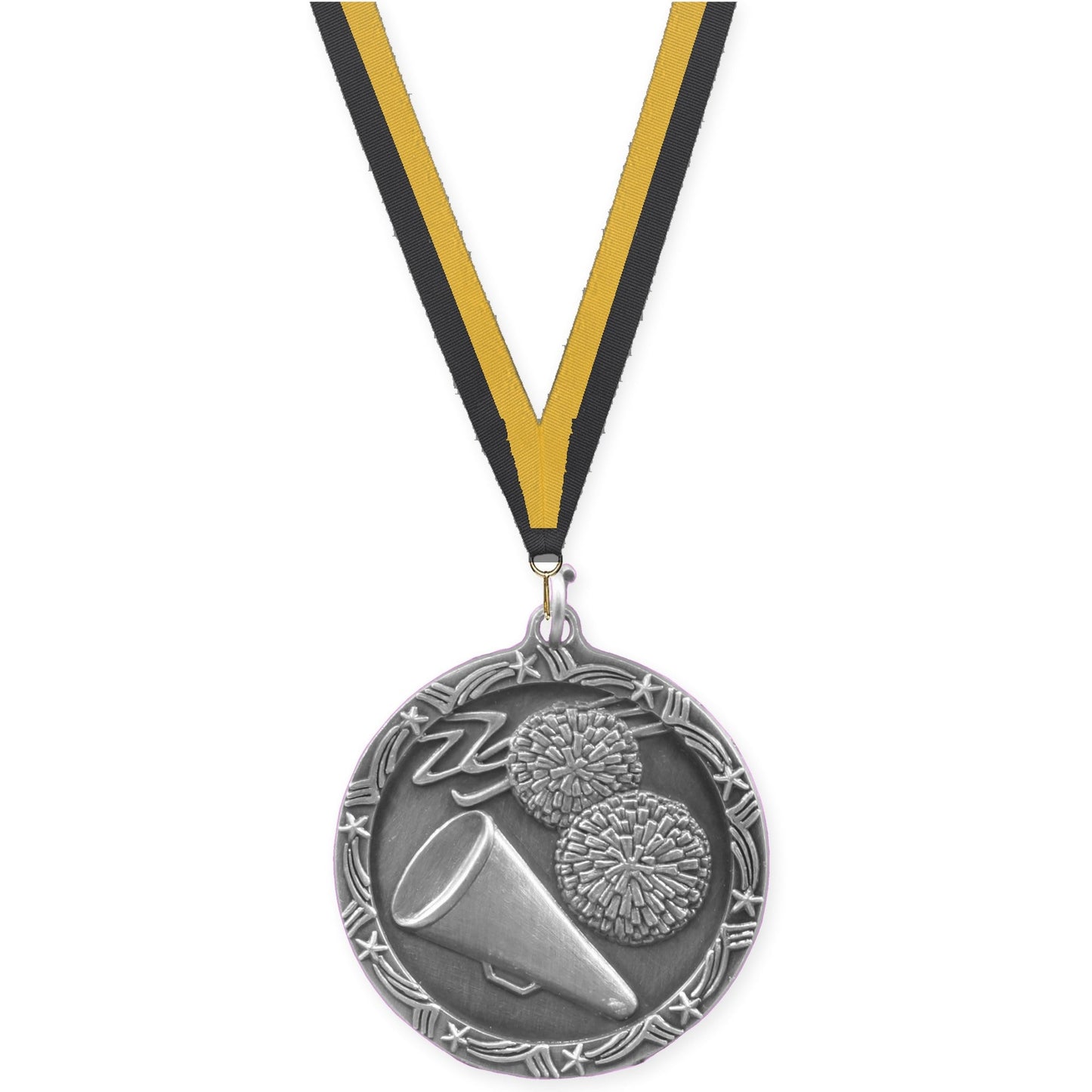 1 3/4 inch cheerleading Shooting Star medal in antique silver with Black Gold neck ribbon