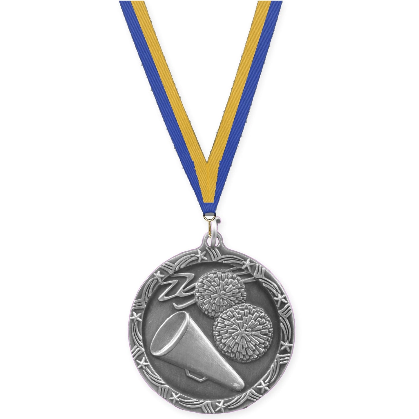 1 3/4 inch cheerleading Shooting Star medal in antique silver with Blue Gold neck ribbon