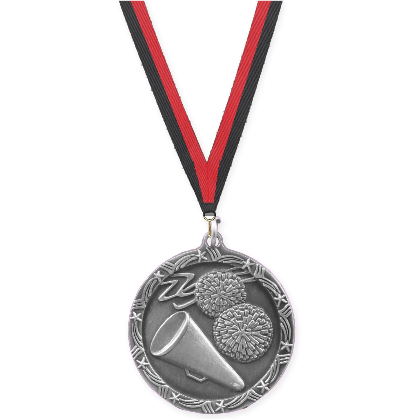 1 3/4 inch cheerleading Shooting Star medal in antique silver with Black Red neck ribbon