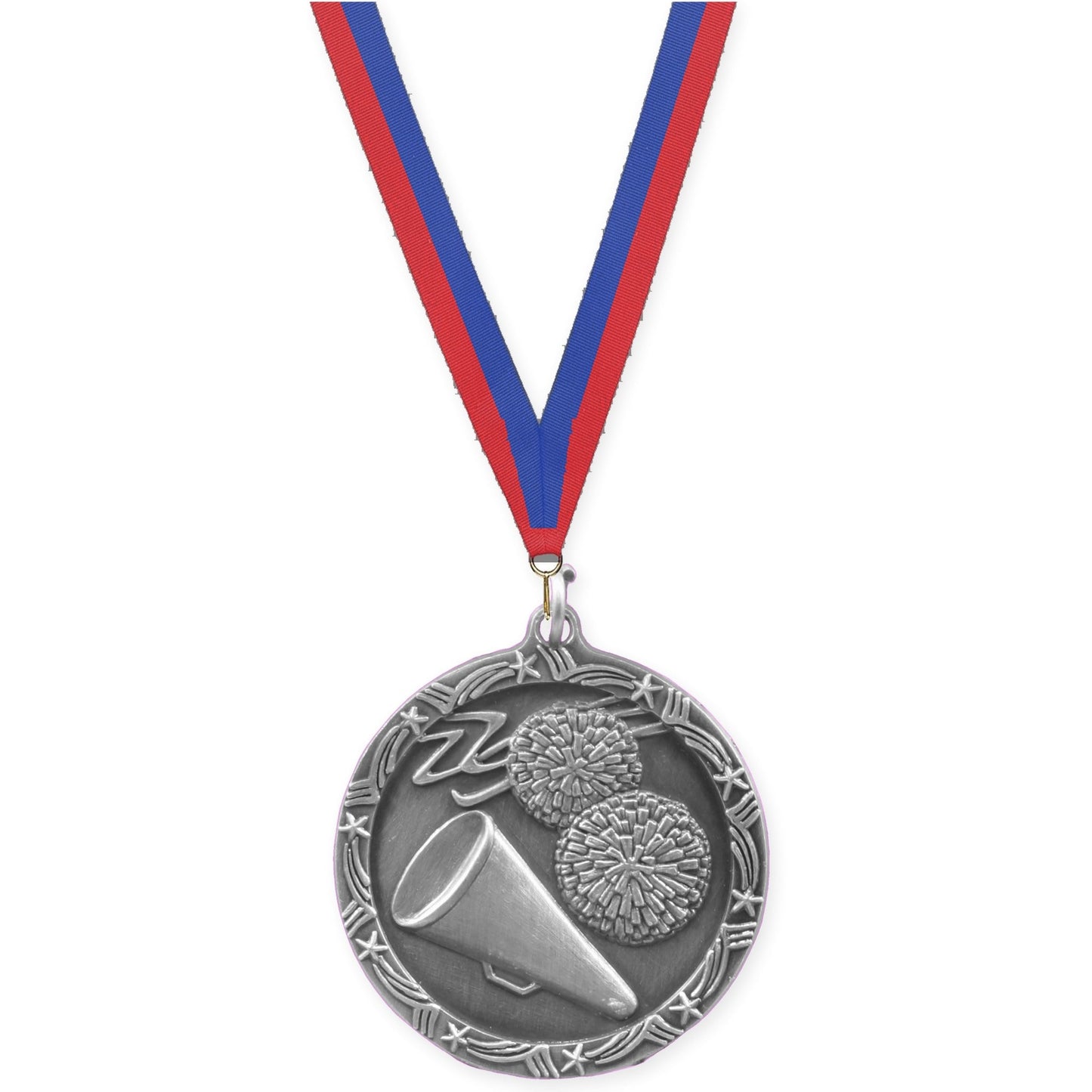 1 3/4 inch cheerleading Shooting Star medal in antique silver with Blue Red neck ribbon