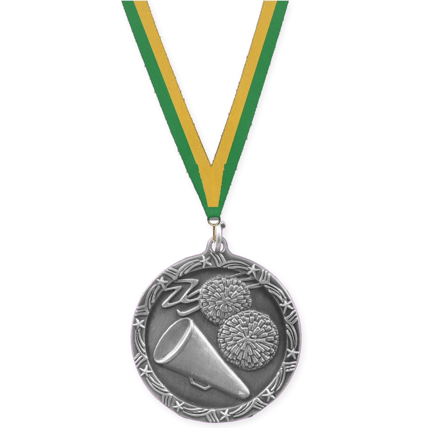 1 3/4 inch cheerleading Shooting Star medal in antique silver with Green Gold neck ribbon