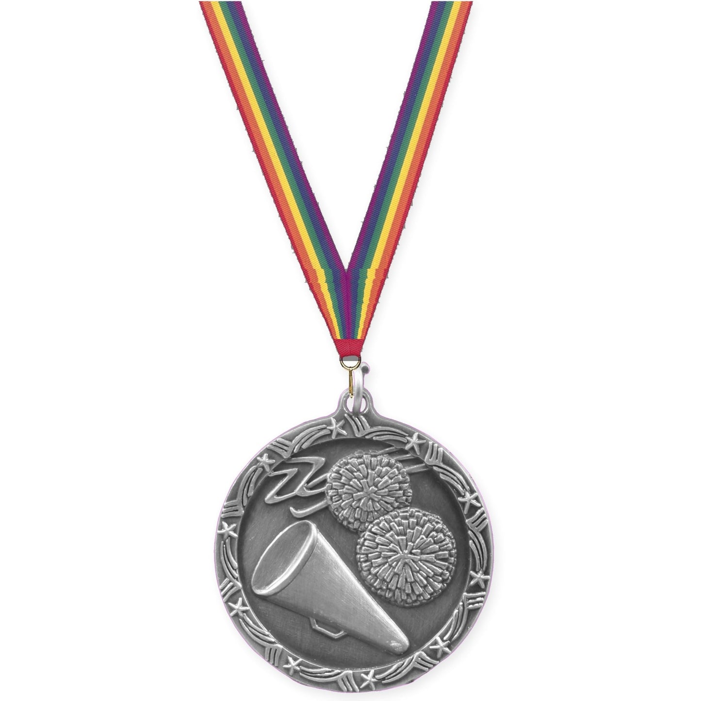 1 3/4 inch cheerleading Shooting Star medal in antique silver with Rainbow neck ribbon