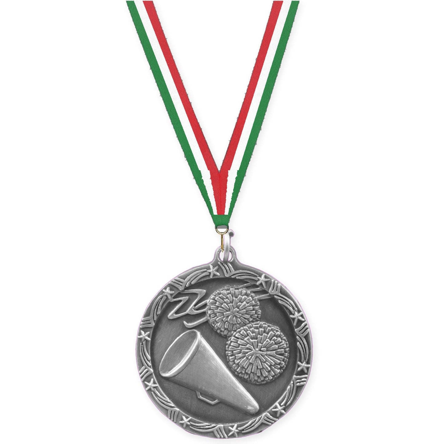 1 3/4 inch cheerleading Shooting Star medal in antique silver with Green White Red neck ribbon