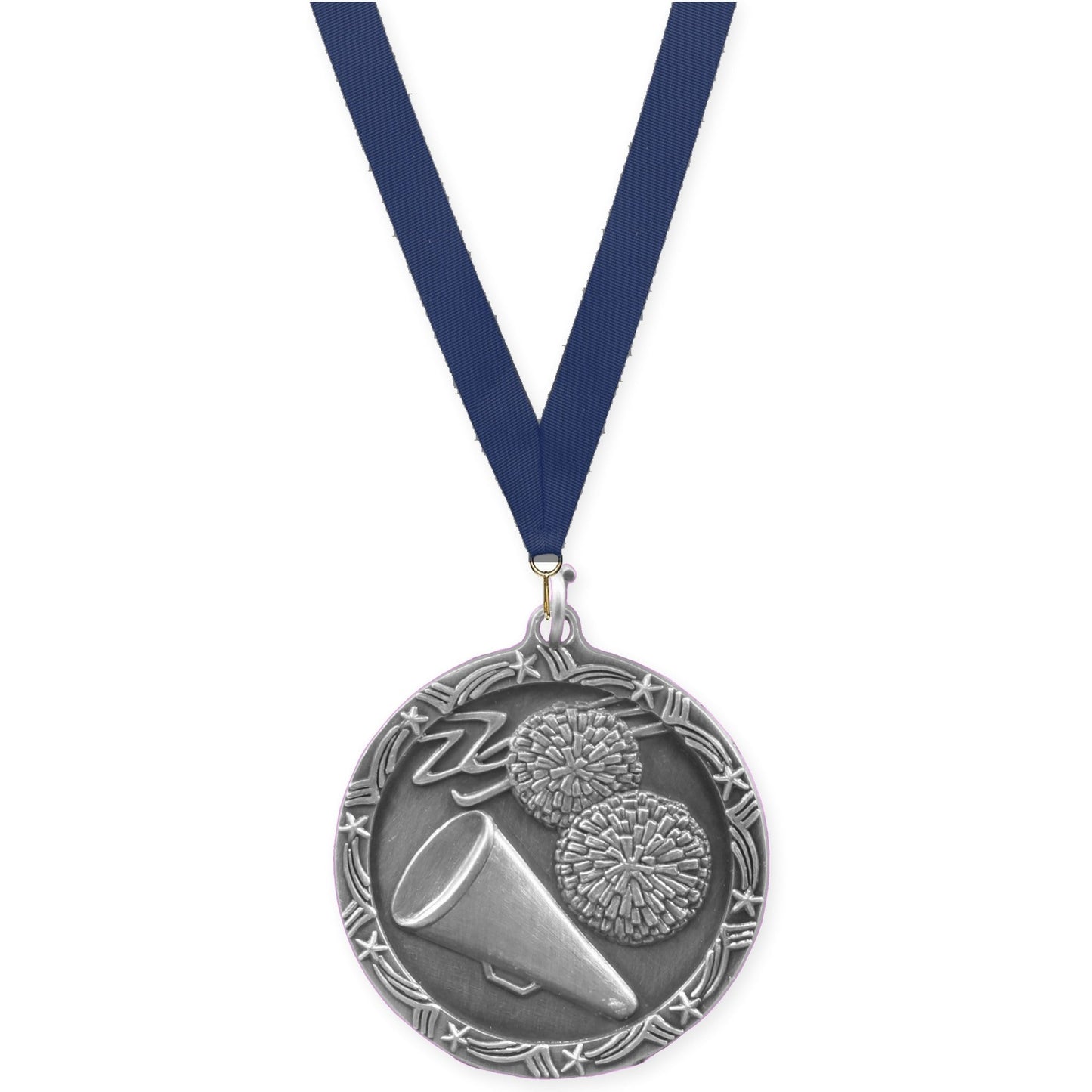 1 3/4 inch cheerleading Shooting Star medal in antique silver with Navy neck ribbon