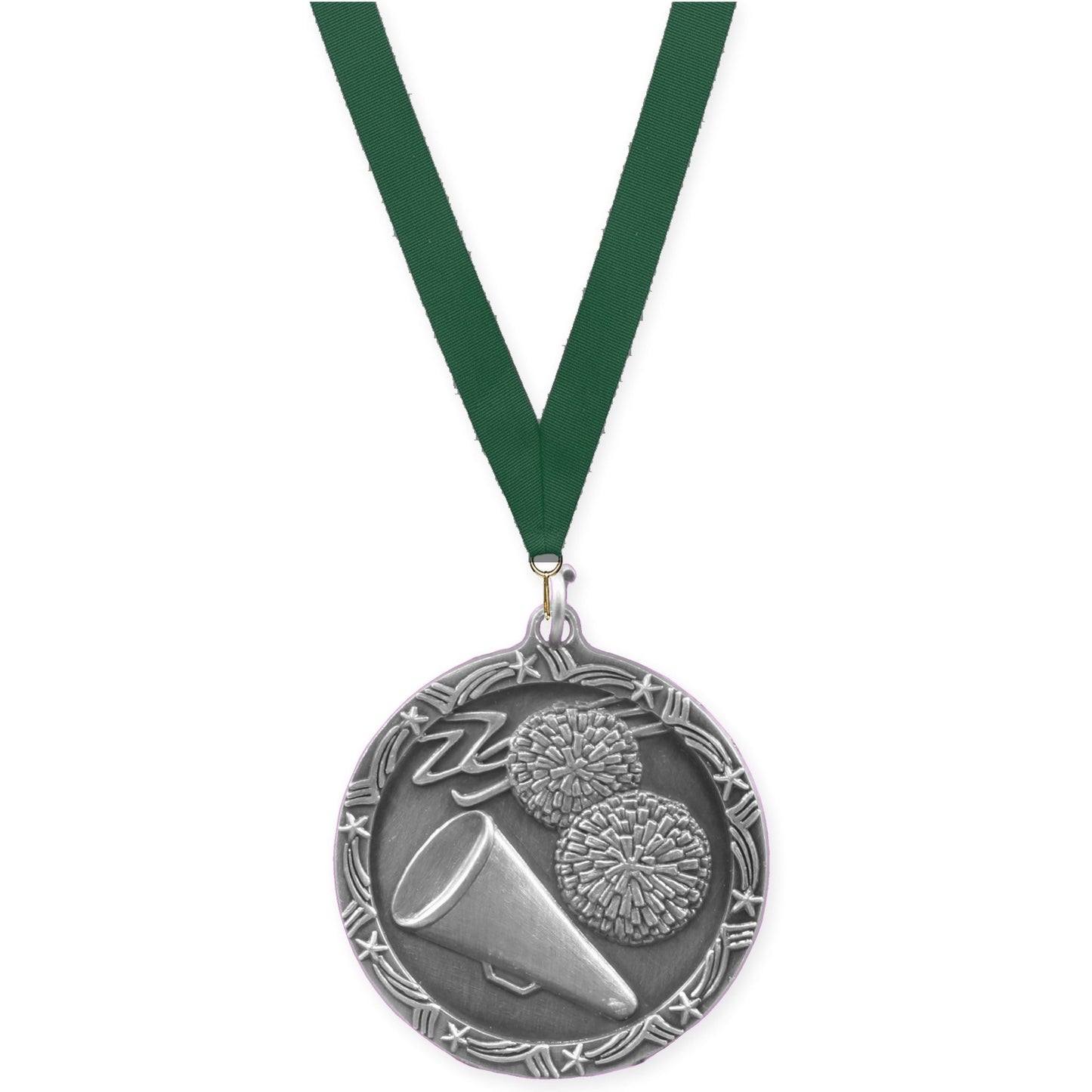 1 3/4 inch cheerleading Shooting Star medal in antique silver with Hunter Green neck ribbon