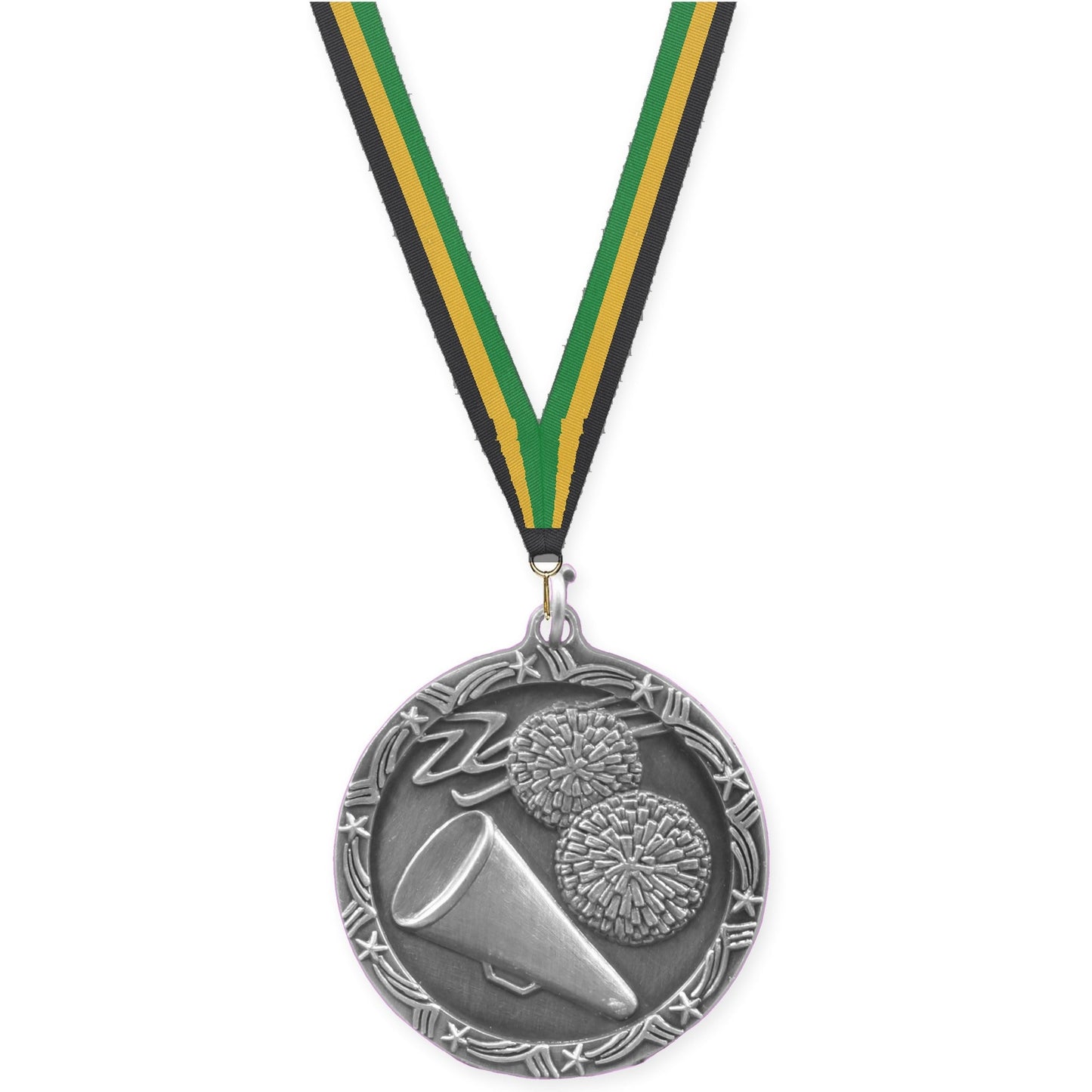 1 3/4 inch cheerleading Shooting Star medal in antique silver with Black Gold Green neck ribbon