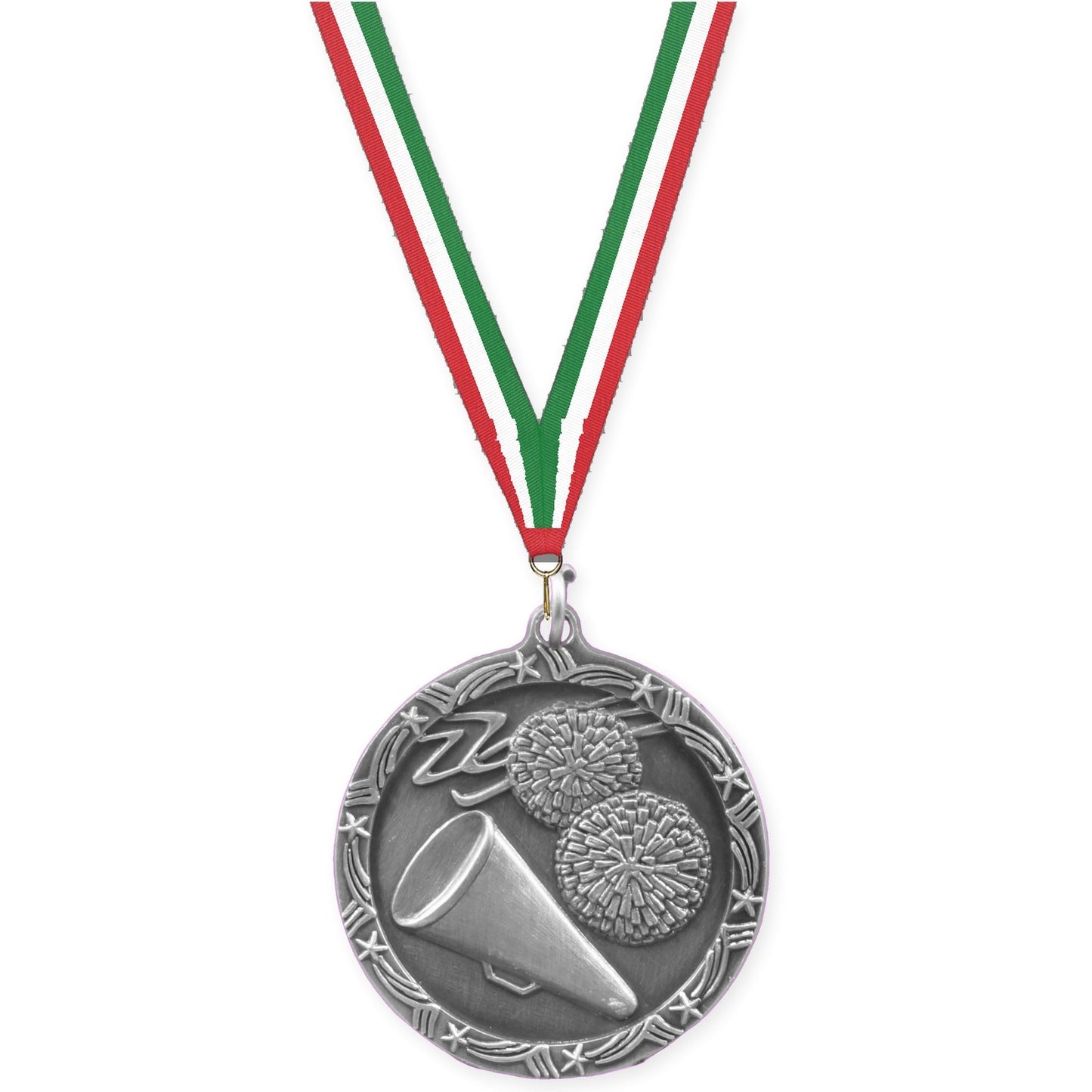 1 3/4 inch cheerleading Shooting Star medal in antique silver with Red White Green neck ribbon
