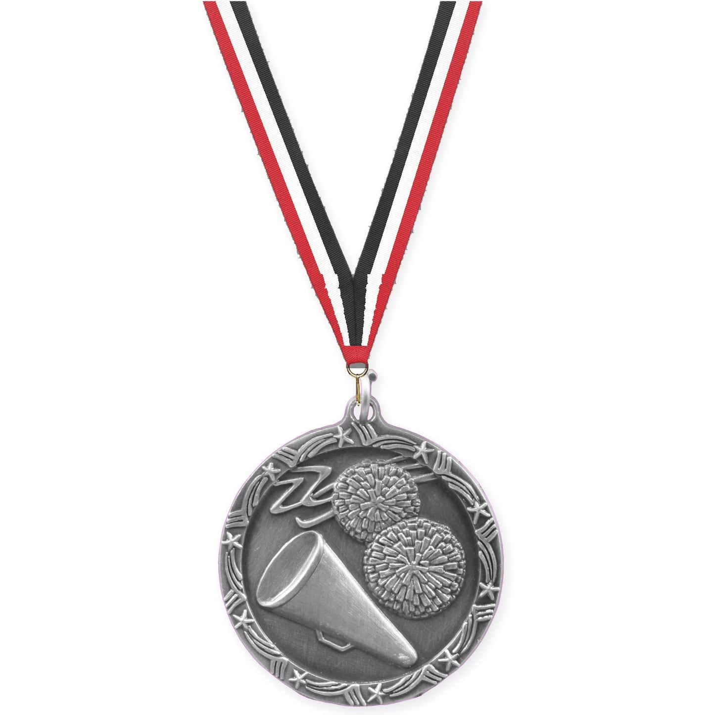 1 3/4 inch cheerleading Shooting Star medal in antique silver with Red White Black neck ribbon