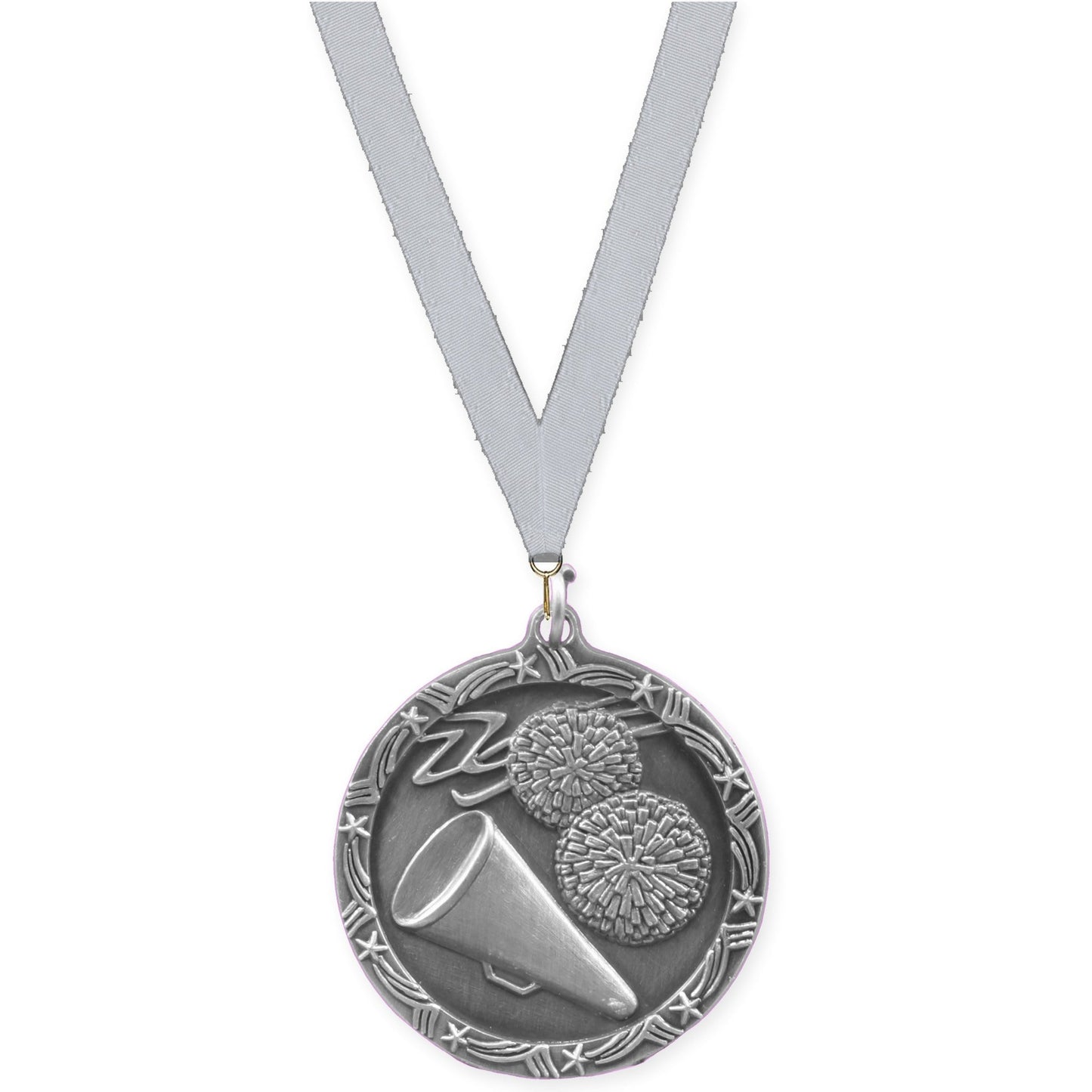 1 3/4 inch cheerleading Shooting Star medal in antique silver with Silver Metallic neck ribbon
