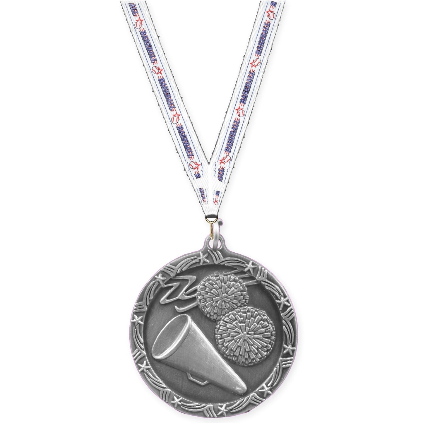 1 3/4 inch cheerleading Shooting Star medal in antique silver with Baseball neck ribbon