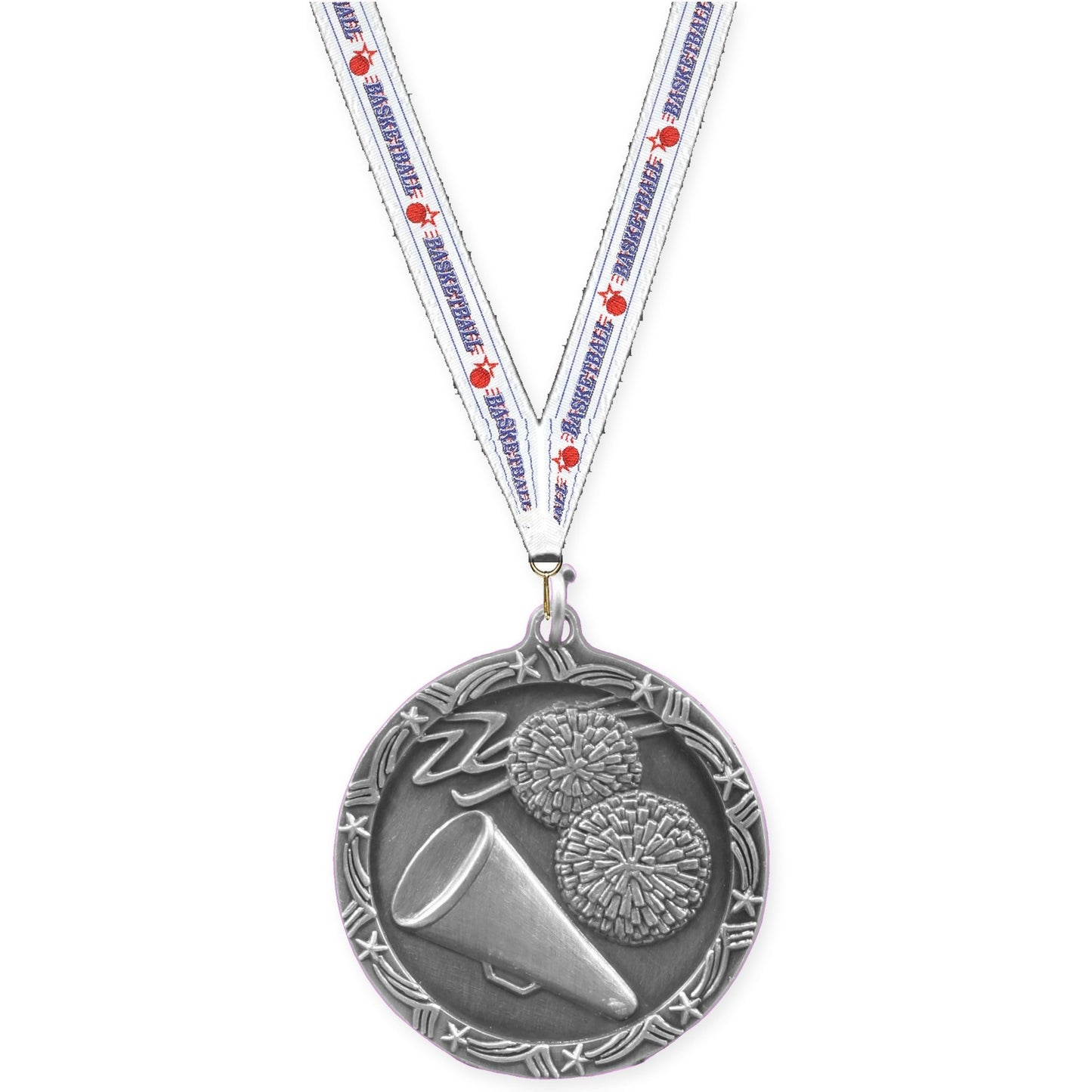 1 3/4 inch cheerleading Shooting Star medal in antique silver with Basketball neck ribbon