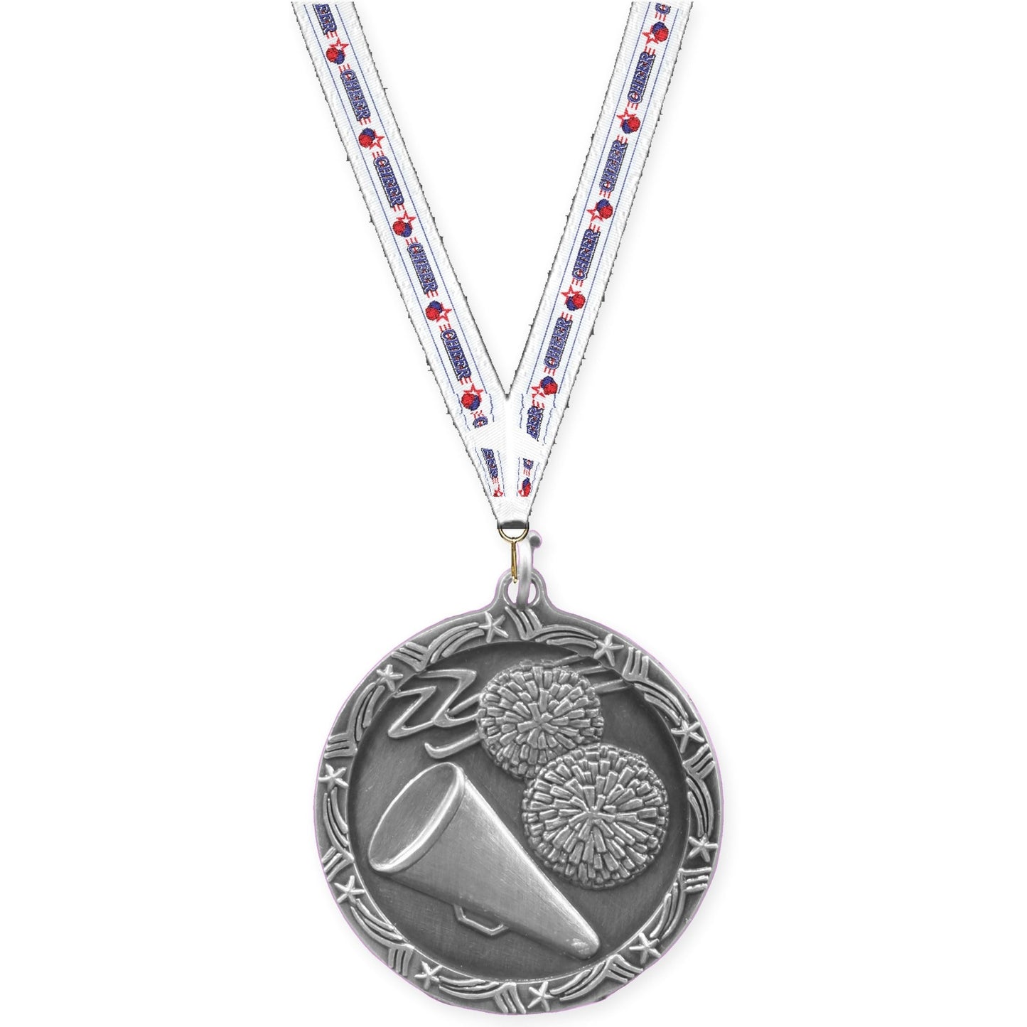 1 3/4 inch cheerleading Shooting Star medal in antique silver with Cheerleading neck ribbon