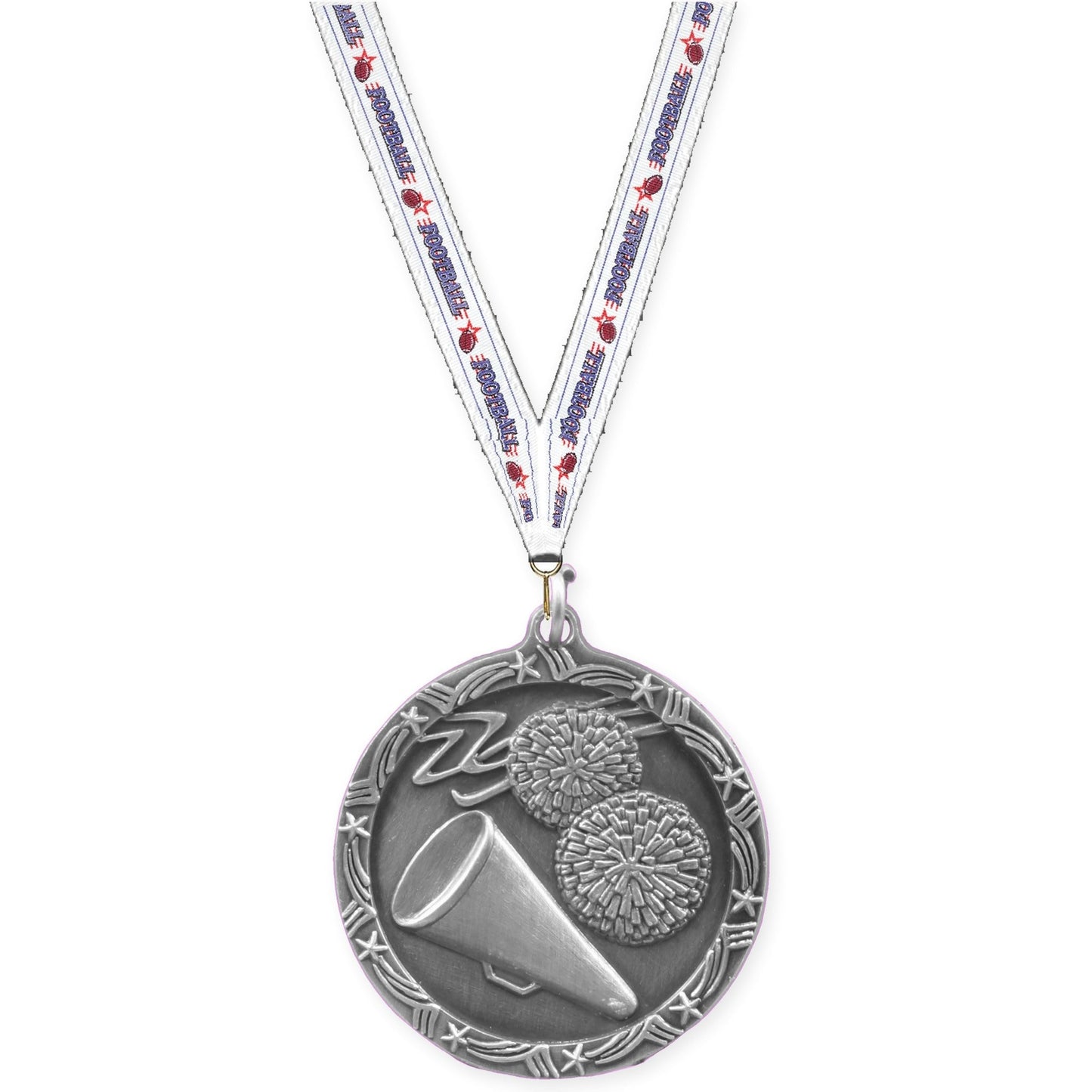 1 3/4 inch cheerleading Shooting Star medal in antique silver with Football neck ribbon